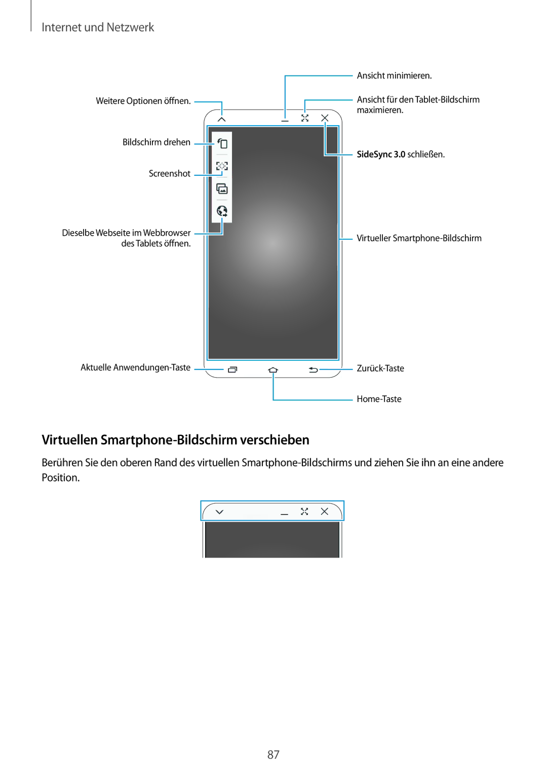 Samsung SM-P9000ZWATUR, SM-P9000ZWAATO, SM-P9000ZKAXEO, SM-P9000ZKASEB manual Virtuellen Smartphone-Bildschirm verschieben 