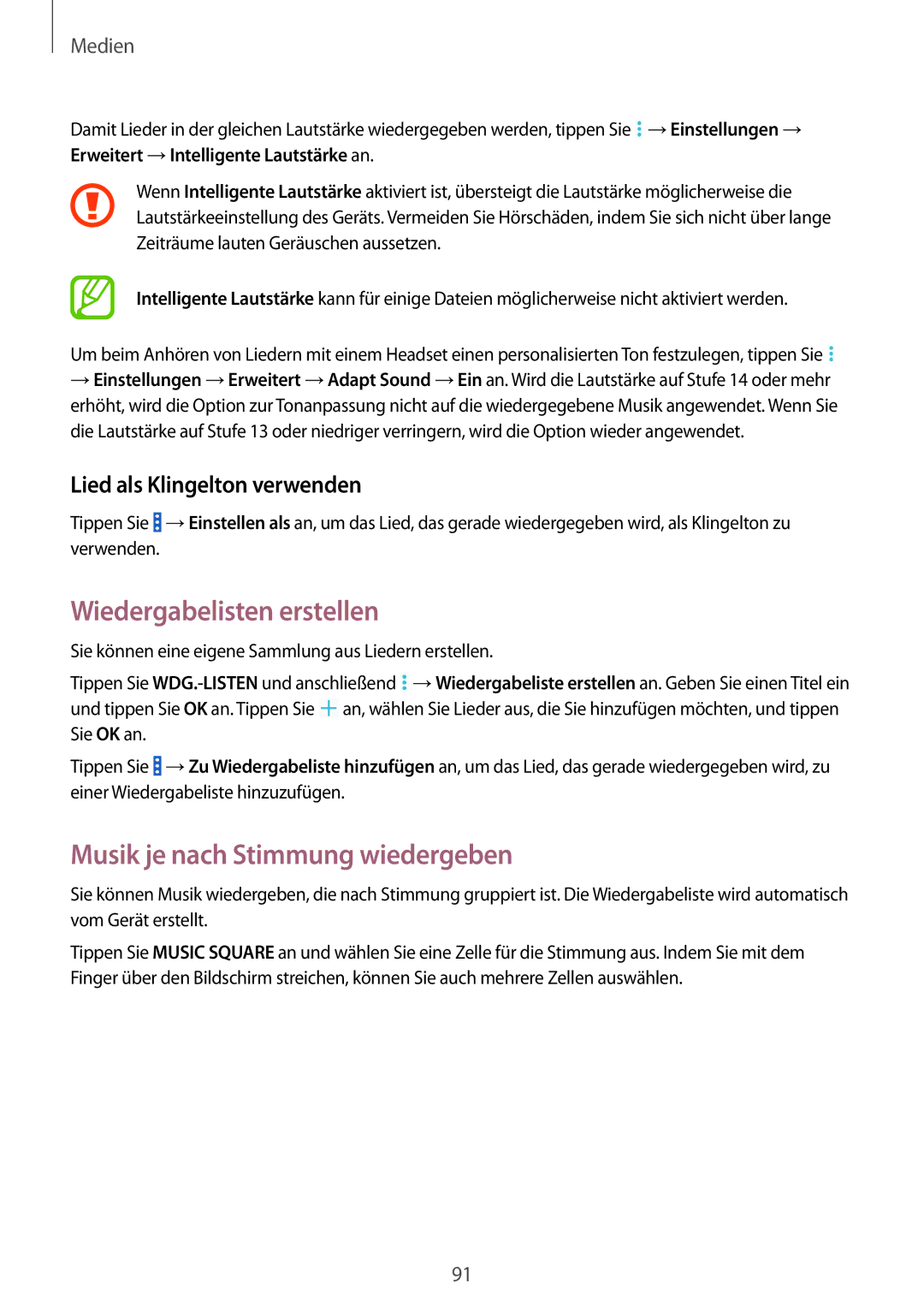 Samsung SM-P9000ZWAATO manual Wiedergabelisten erstellen, Musik je nach Stimmung wiedergeben, Lied als Klingelton verwenden 