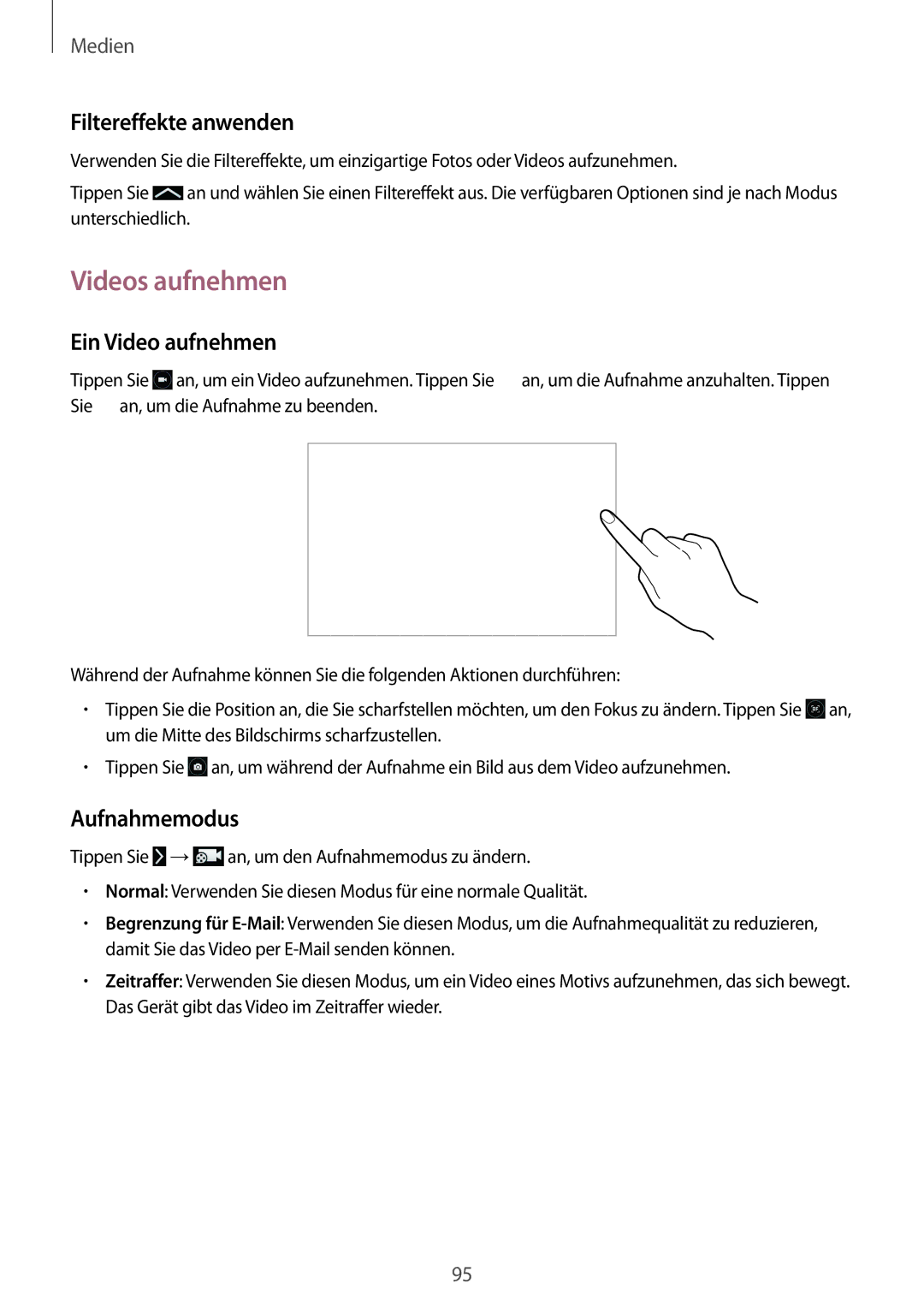 Samsung SM-P9000ZKADBT, SM-P9000ZWAATO, SM-P9000ZKAXEO manual Videos aufnehmen, Filtereffekte anwenden, Ein Video aufnehmen 