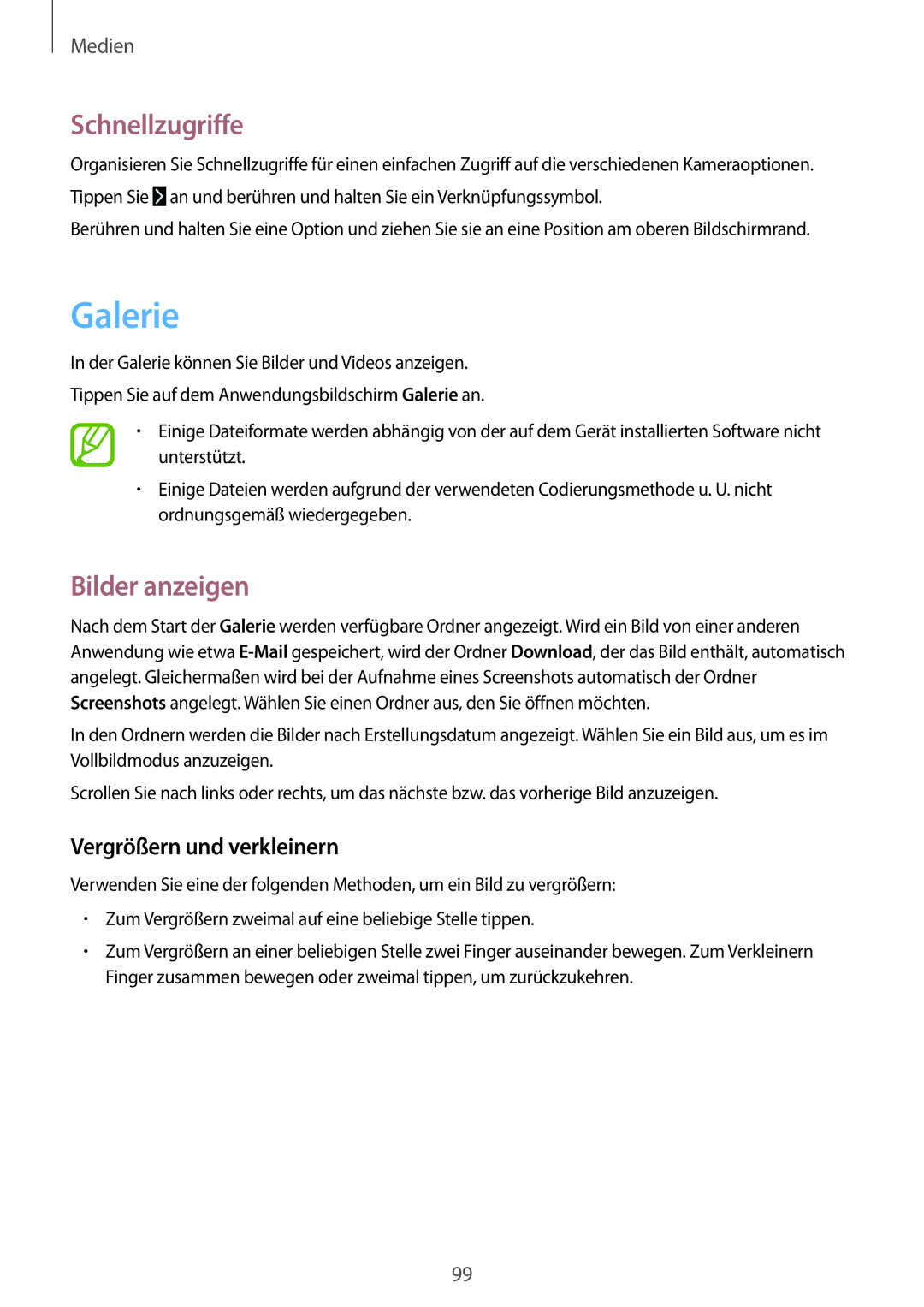 Samsung SM-P9000ZWAXEO, SM-P9000ZWAATO manual Galerie, Schnellzugriffe, Bilder anzeigen, Vergrößern und verkleinern 