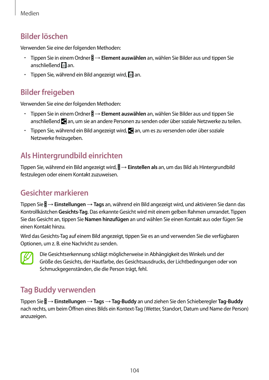 Samsung SM-P9000ZWAATO manual Bilder löschen, Bilder freigeben, Als Hintergrundbild einrichten, Gesichter markieren 