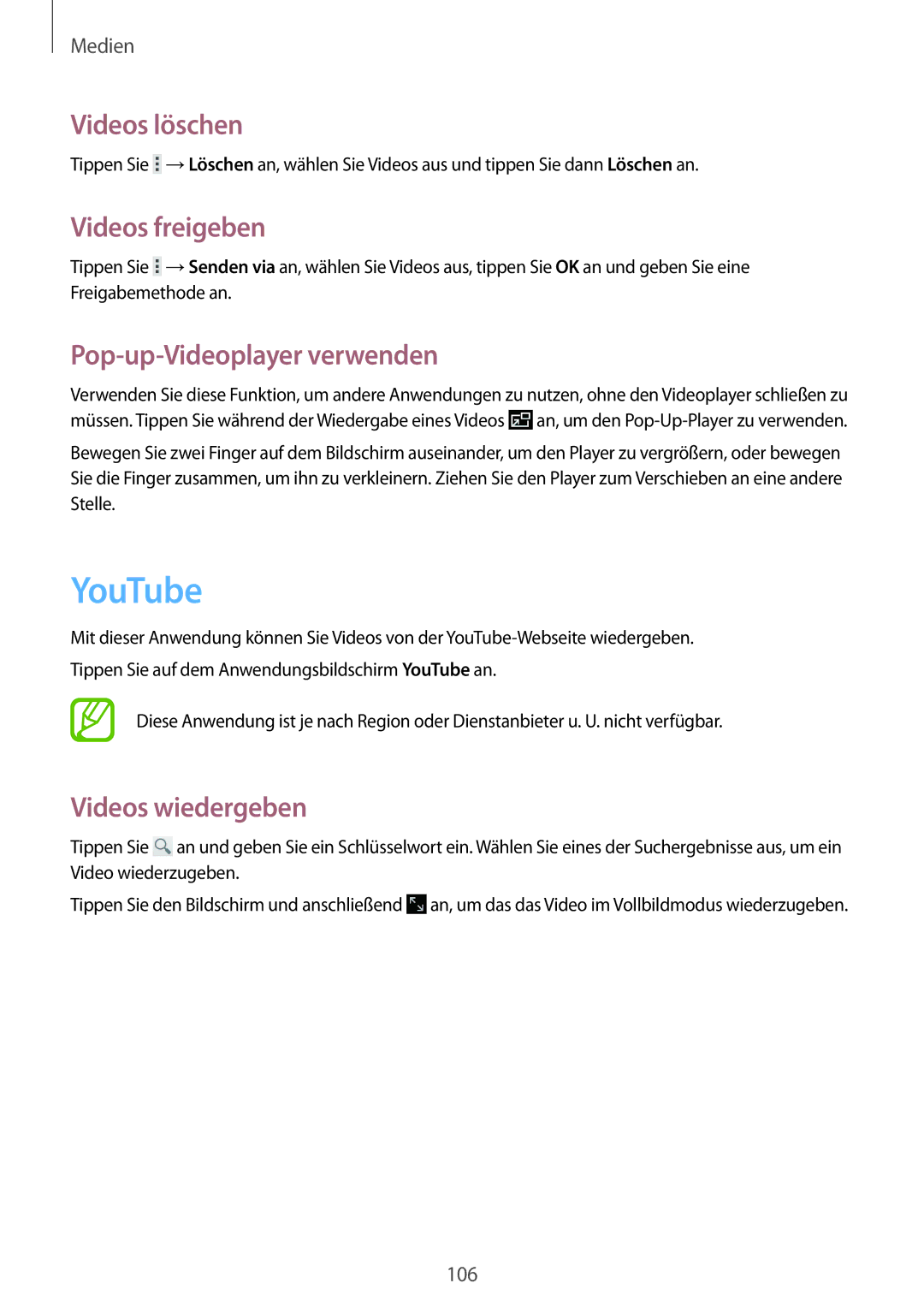 Samsung SM-P9000ZKASEB, SM-P9000ZWAATO manual YouTube, Videos löschen, Videos freigeben, Pop-up-Videoplayer verwenden 