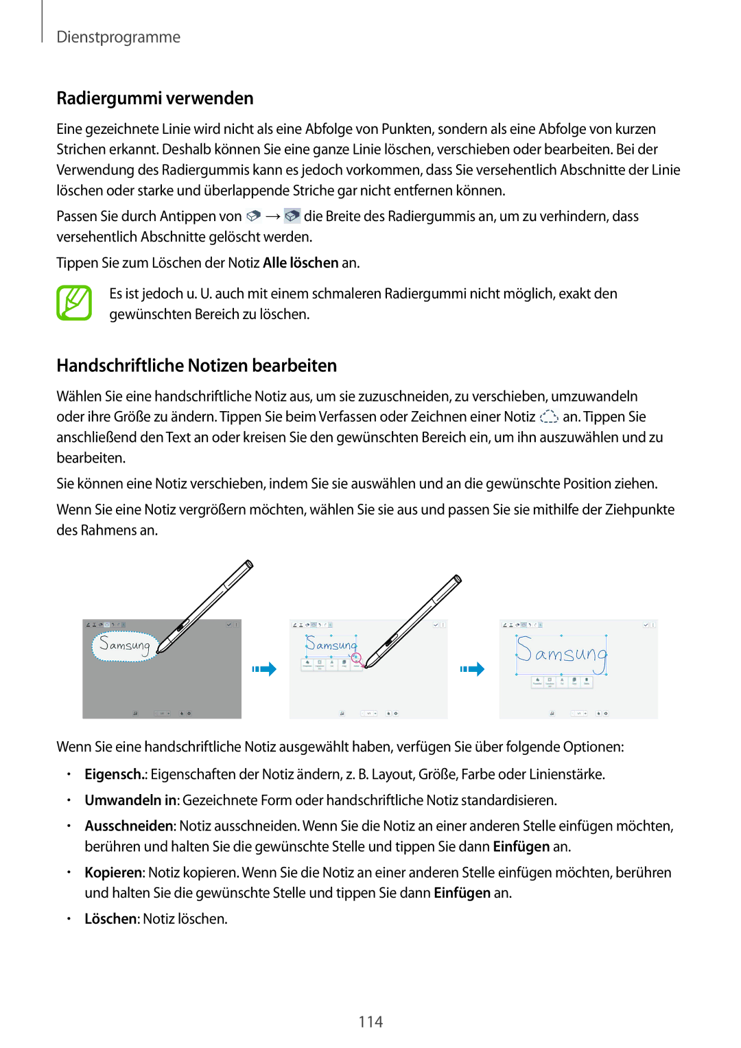 Samsung SM-P9000ZKYEUR, SM-P9000ZWAATO, SM-P9000ZKAXEO manual Radiergummi verwenden, Handschriftliche Notizen bearbeiten 