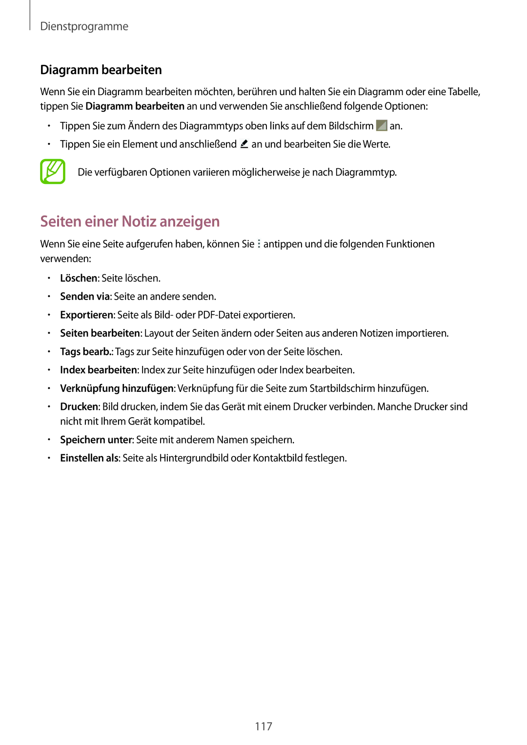 Samsung SM-P9000ZWAATO, SM-P9000ZKAXEO, SM-P9000ZKASEB, SM-P9000ZKAATO manual Seiten einer Notiz anzeigen, Diagramm bearbeiten 