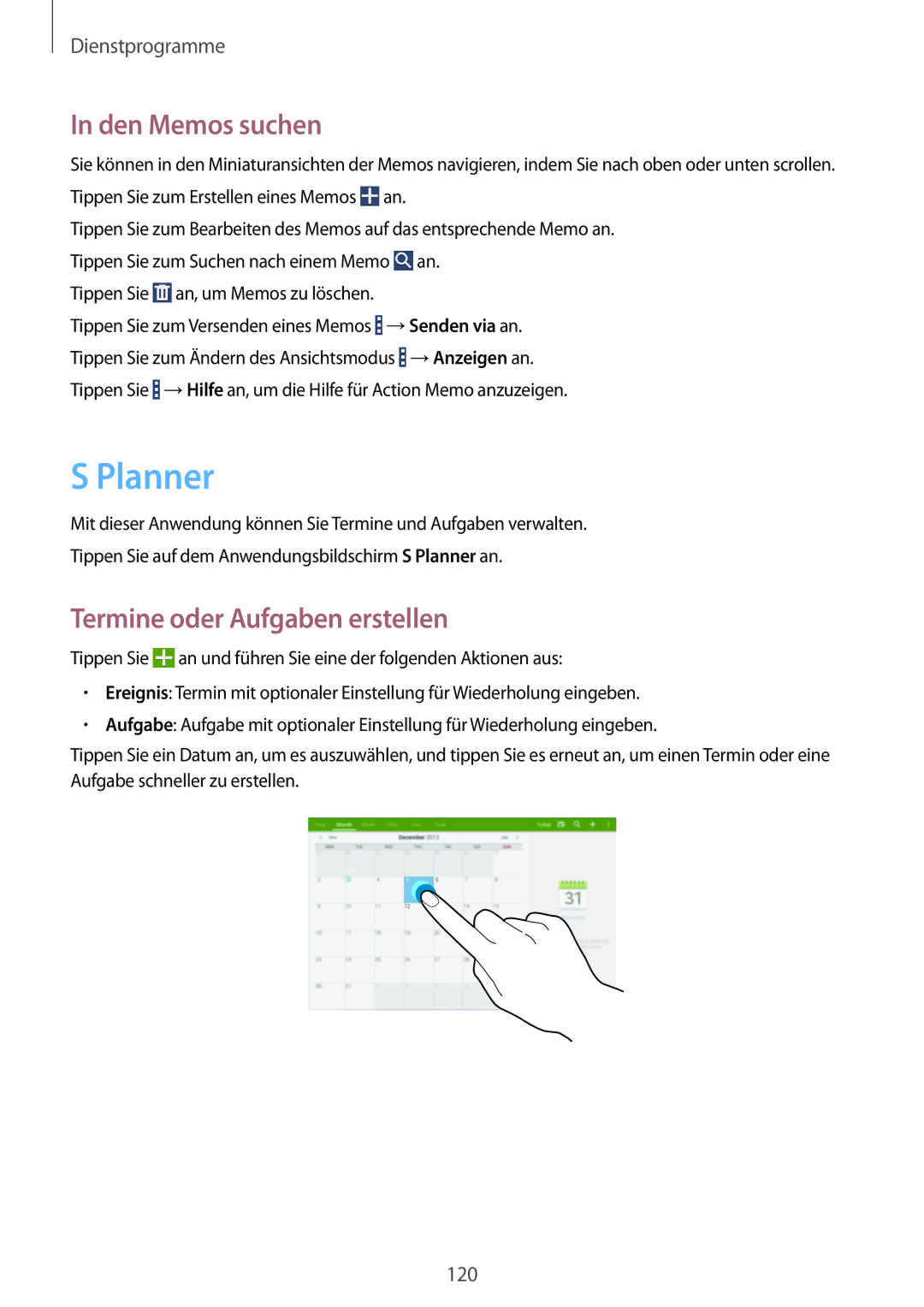 Samsung SM-P9000ZKAATO, SM-P9000ZWAATO, SM-P9000ZKAXEO manual Planner, Den Memos suchen, Termine oder Aufgaben erstellen 