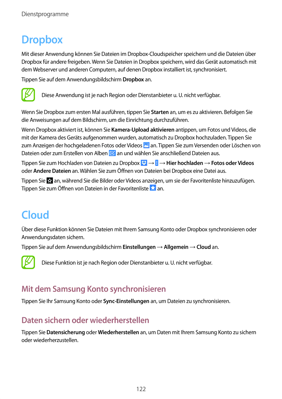 Samsung SM-P9000ZWADBT manual Dropbox, Cloud, Mit dem Samsung Konto synchronisieren, Daten sichern oder wiederherstellen 