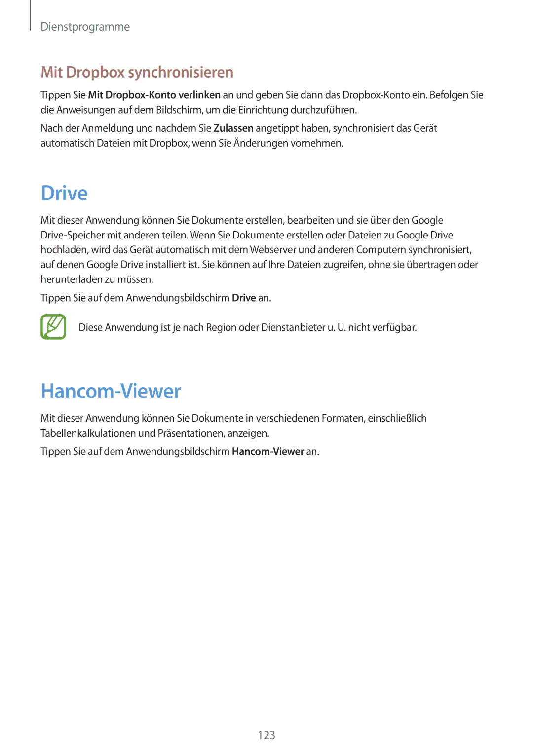Samsung SM-P9000ZKATUR, SM-P9000ZWAATO, SM-P9000ZKAXEO, SM-P9000ZKASEB Drive, Hancom-Viewer, Mit Dropbox synchronisieren 
