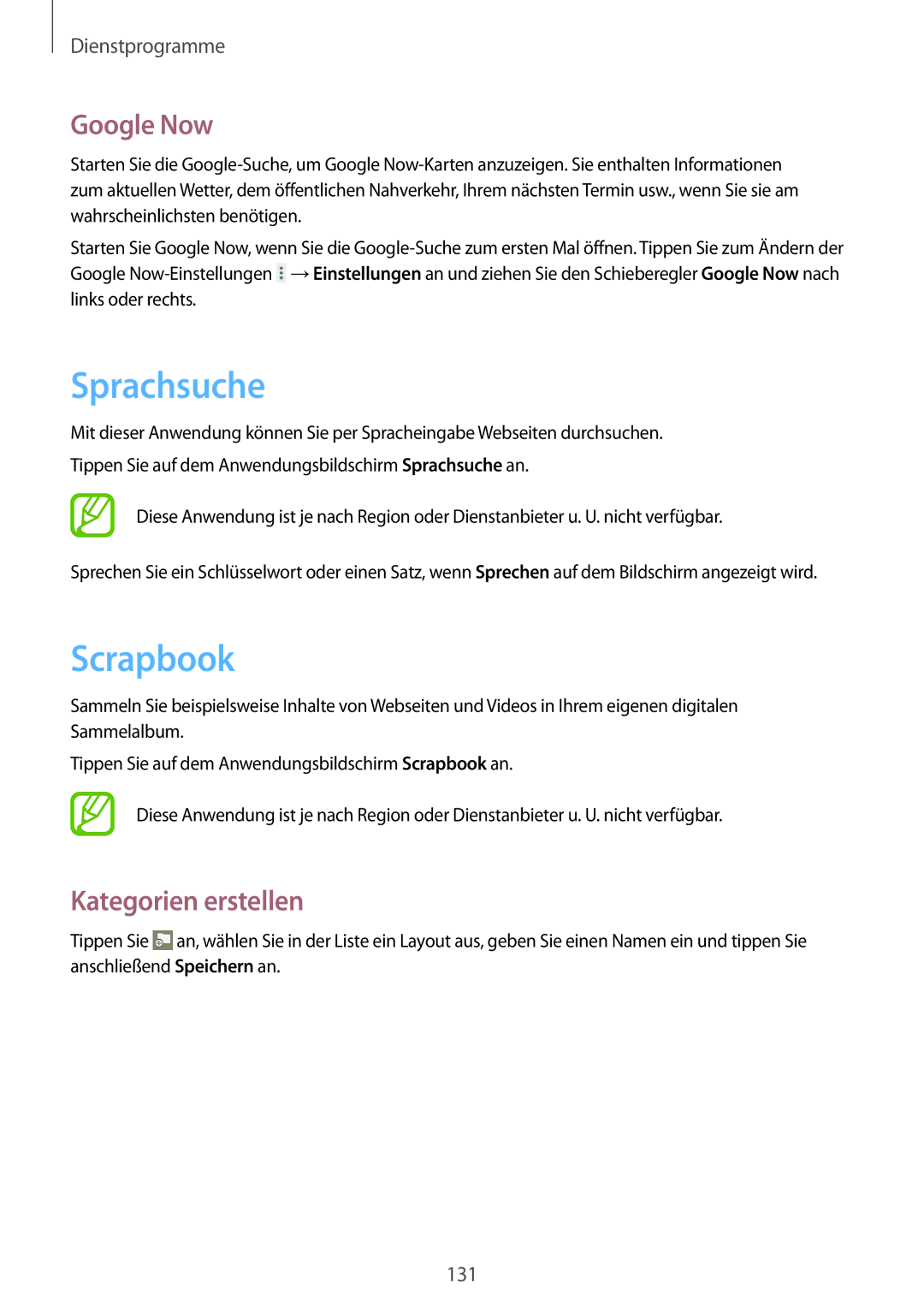 Samsung SM-P9000ZKAXEO, SM-P9000ZWAATO, SM-P9000ZKASEB manual Sprachsuche, Scrapbook, Google Now, Kategorien erstellen 