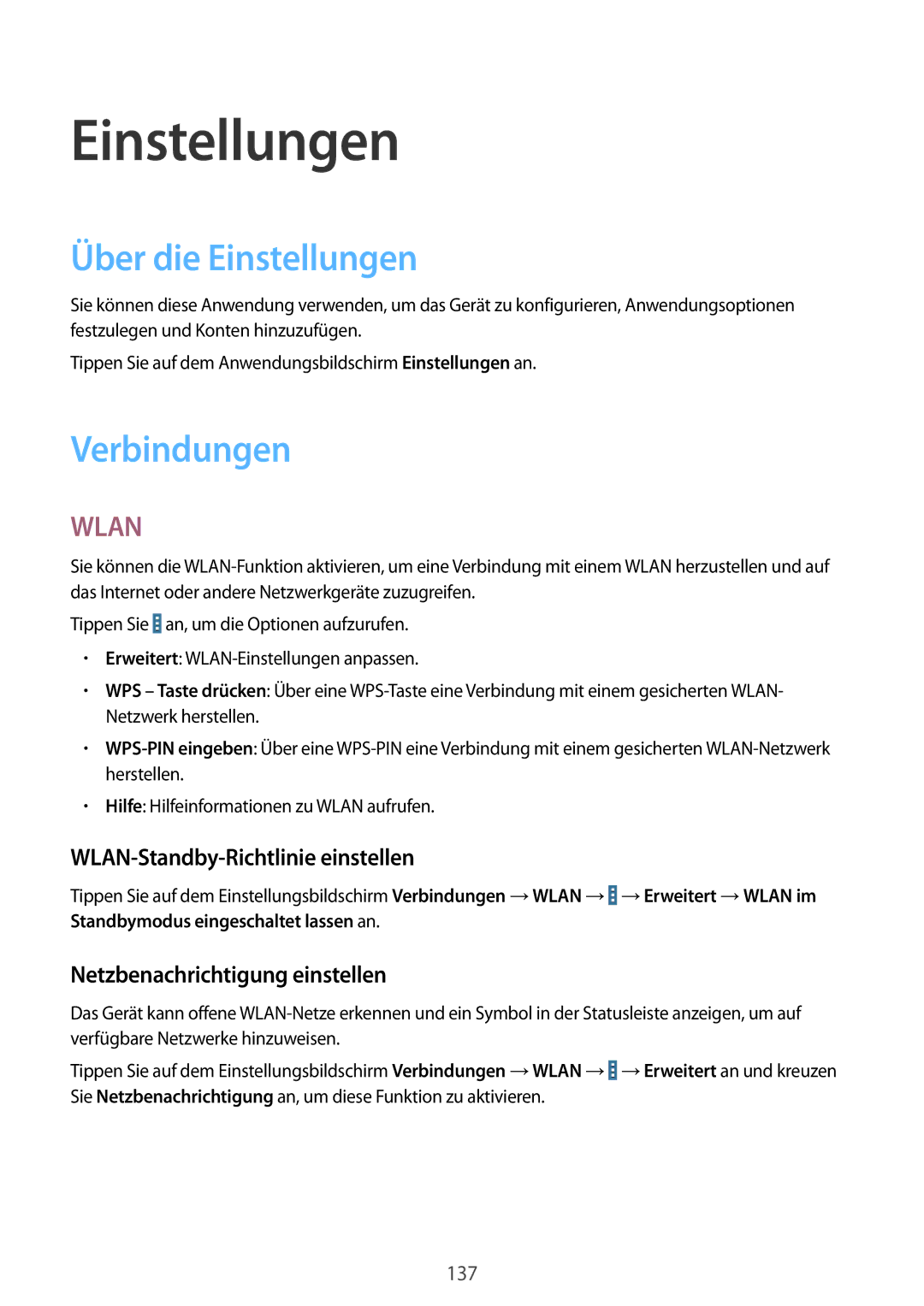 Samsung SM-P9000ZWATPH, SM-P9000ZWAATO manual Über die Einstellungen, Verbindungen, WLAN-Standby-Richtlinie einstellen 