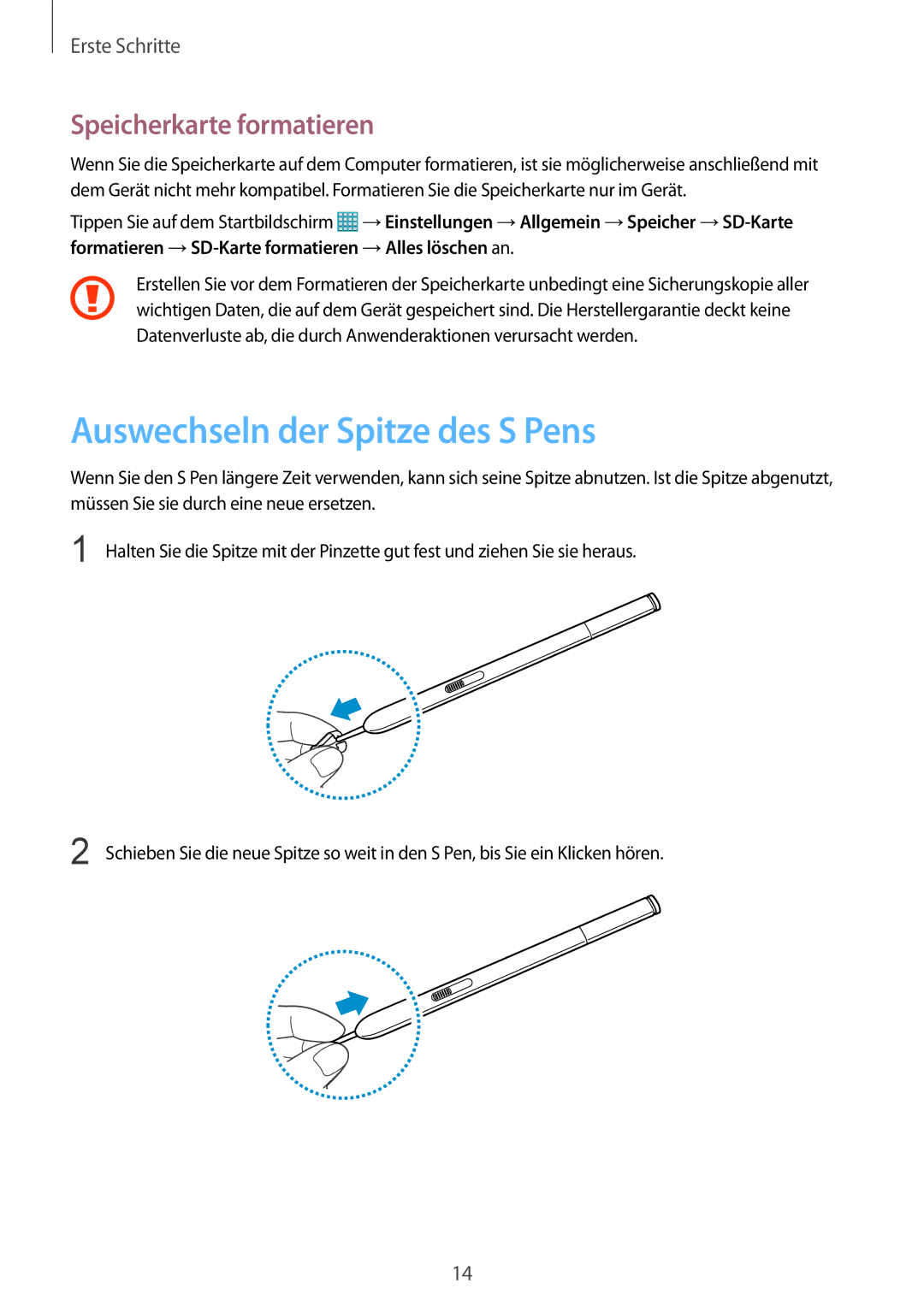 Samsung SM-P9000ZKAXEO, SM-P9000ZWAATO, SM-P9000ZKASEB manual Auswechseln der Spitze des S Pens, Speicherkarte formatieren 