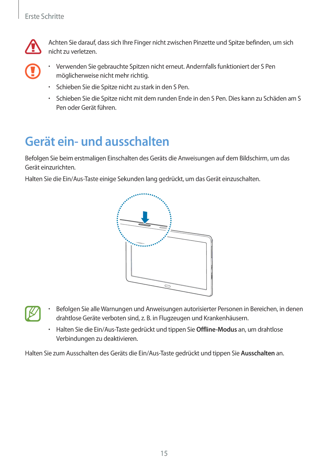 Samsung SM-P9000ZKASEB, SM-P9000ZWAATO, SM-P9000ZKAXEO, SM-P9000ZKAATO, SM-P9000ZKADBT manual Gerät ein- und ausschalten 