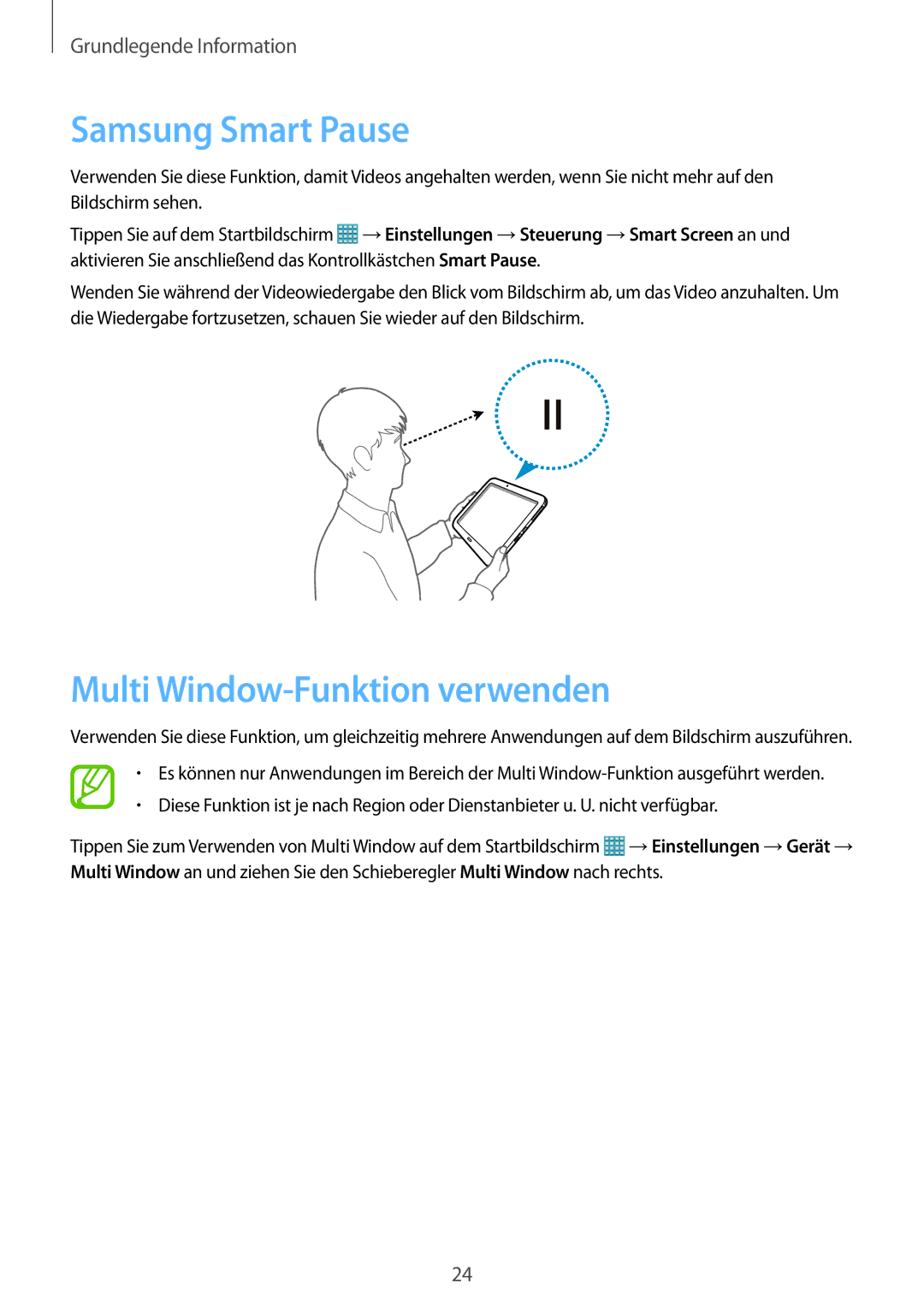 Samsung SM-P9000ZKATPH, SM-P9000ZWAATO, SM-P9000ZKAXEO, SM-P9000ZKASEB Samsung Smart Pause, Multi Window-Funktion verwenden 