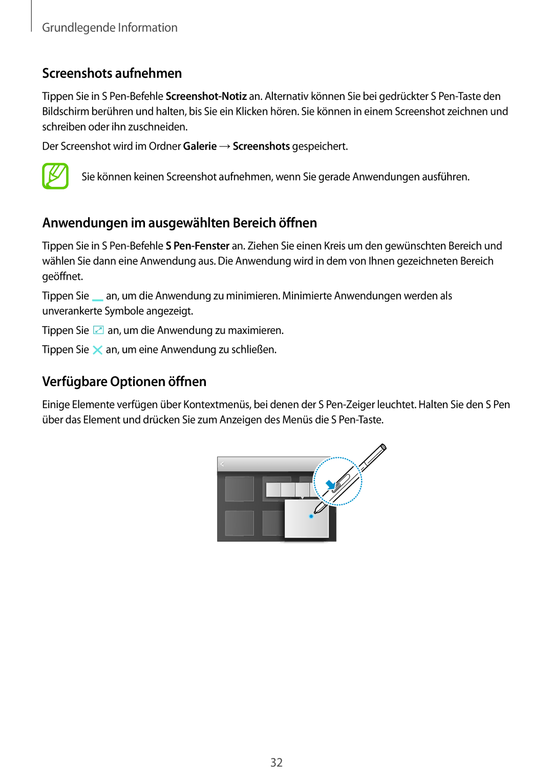 Samsung SM-P9000ZKATUR manual Screenshots aufnehmen, Anwendungen im ausgewählten Bereich öffnen, Verfügbare Optionen öffnen 