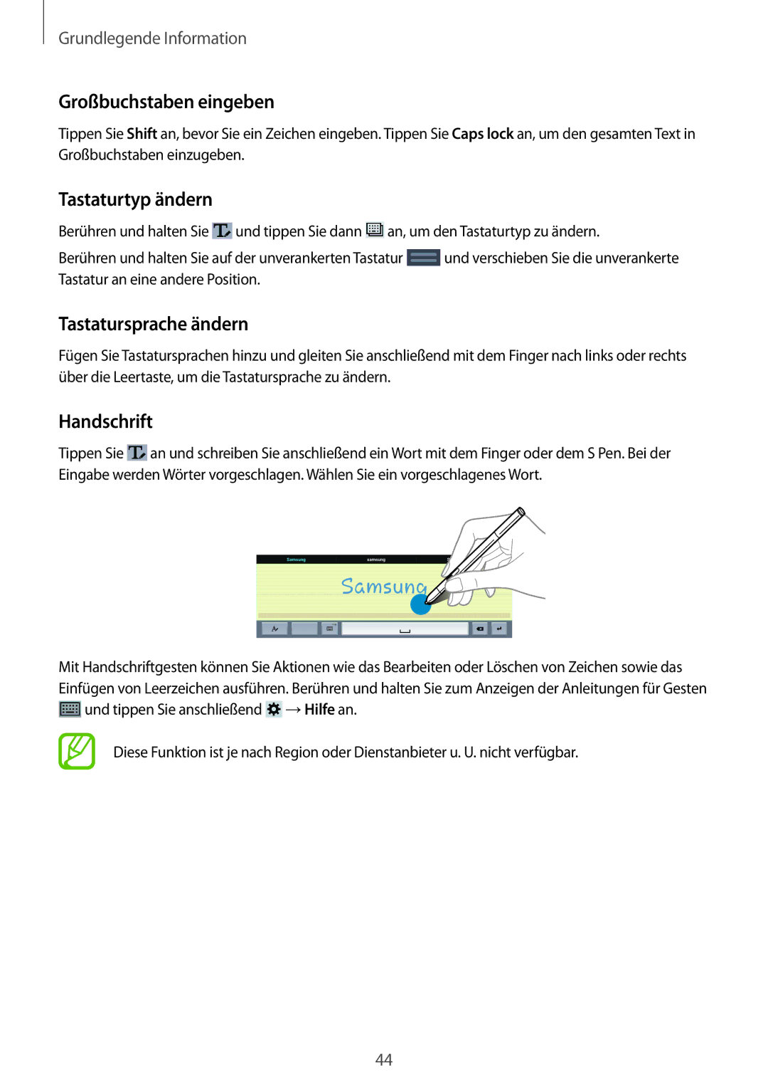 Samsung SM-P9000ZWADBT, SM-P9000ZWAATO Großbuchstaben eingeben, Tastaturtyp ändern, Tastatursprache ändern, Handschrift 