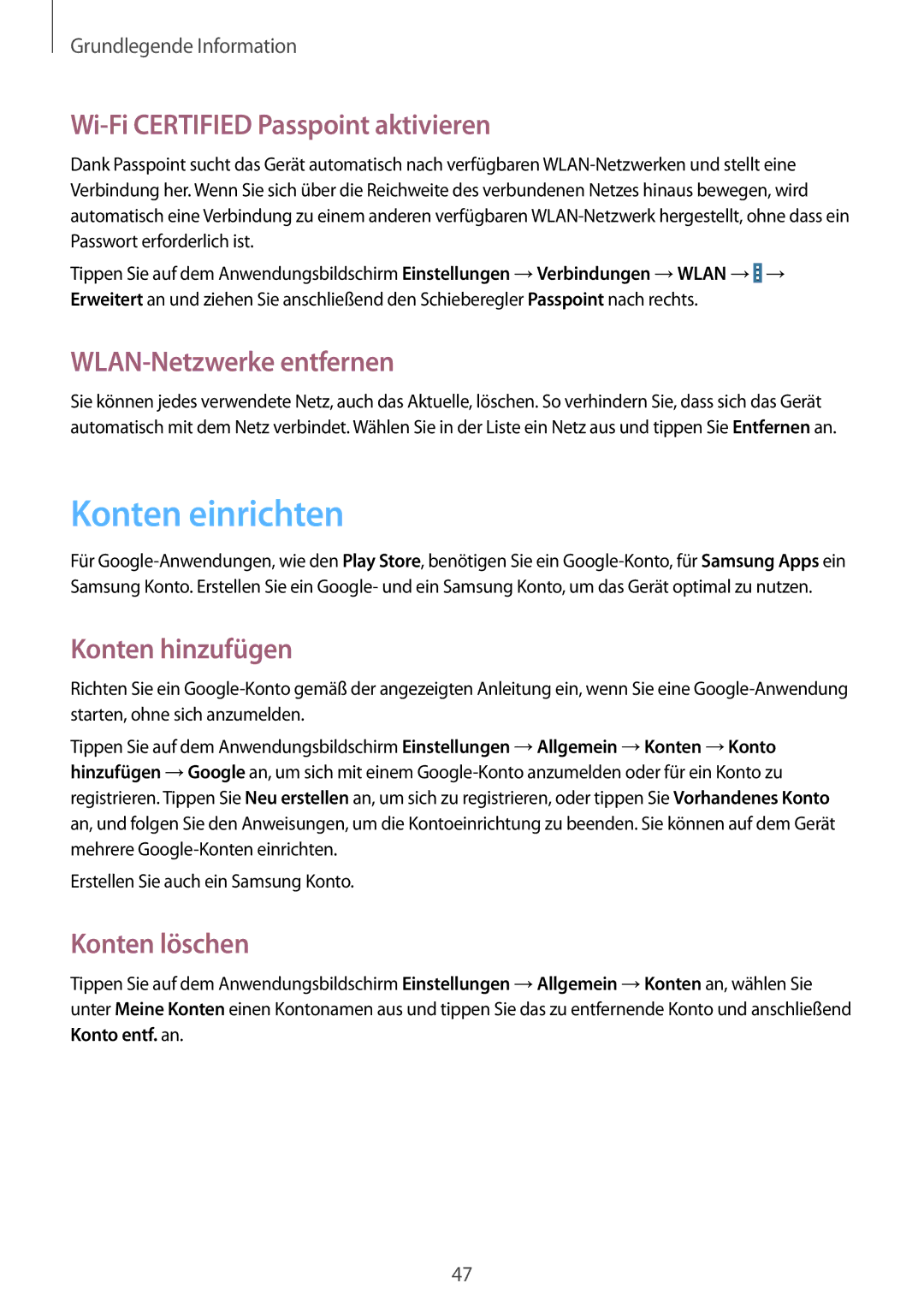 Samsung SM-P9000ZWAXEO Konten einrichten, Wi-Fi Certified Passpoint aktivieren, WLAN-Netzwerke entfernen, Konten löschen 