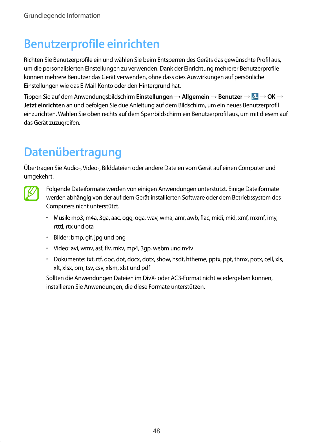Samsung SM-P9000ZWATUR, SM-P9000ZWAATO, SM-P9000ZKAXEO, SM-P9000ZKASEB manual Benutzerprofile einrichten, Datenübertragung 