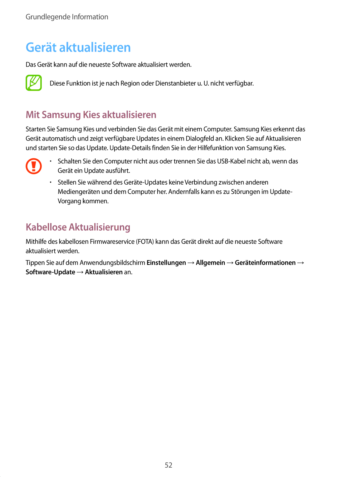 Samsung SM-P9000ZWAATO, SM-P9000ZKAXEO manual Gerät aktualisieren, Mit Samsung Kies aktualisieren, Kabellose Aktualisierung 
