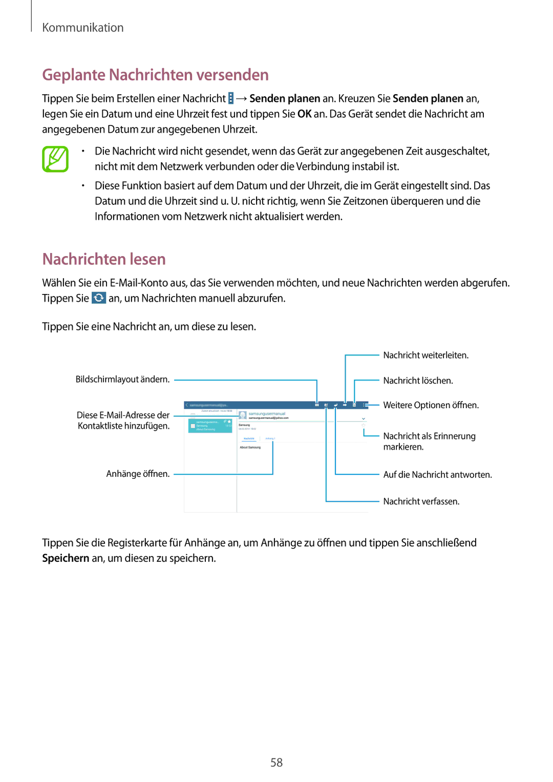 Samsung SM-P9000ZKATUR, SM-P9000ZWAATO, SM-P9000ZKAXEO, SM-P9000ZKASEB Geplante Nachrichten versenden, Nachrichten lesen 