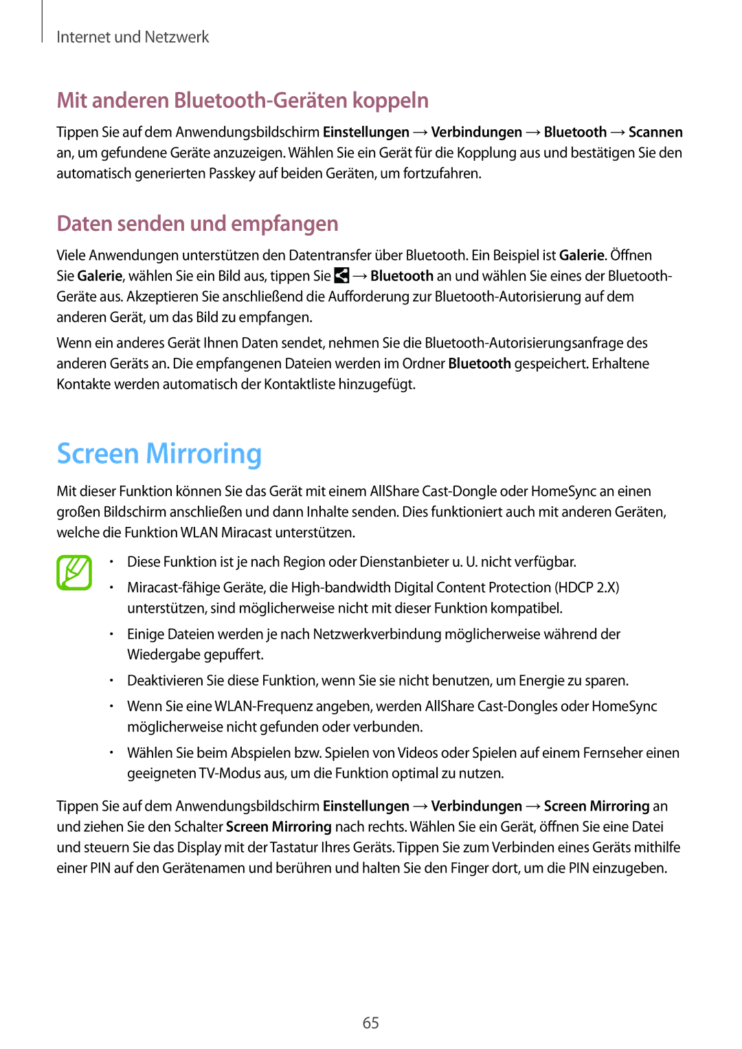 Samsung SM-P9000ZWAATO, SM-P9000ZKAXEO Screen Mirroring, Mit anderen Bluetooth-Geräten koppeln, Daten senden und empfangen 