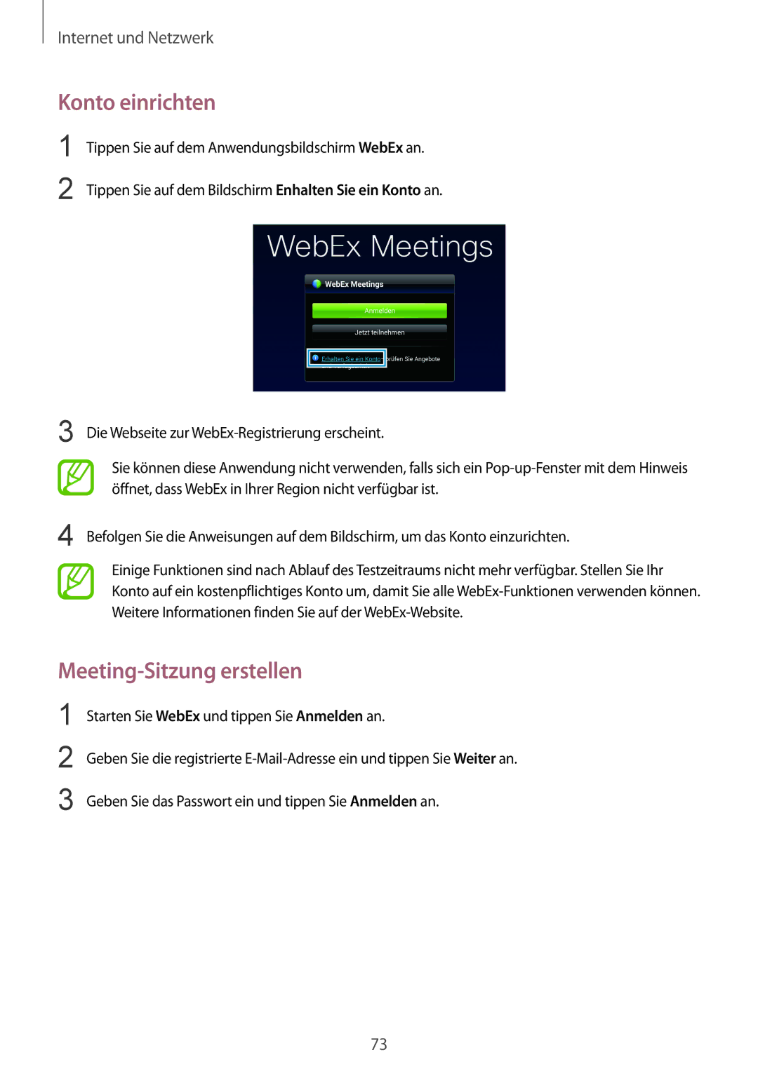 Samsung SM-P9000ZWAXEO, SM-P9000ZWAATO, SM-P9000ZKAXEO, SM-P9000ZKASEB manual Konto einrichten, Meeting-Sitzung erstellen 