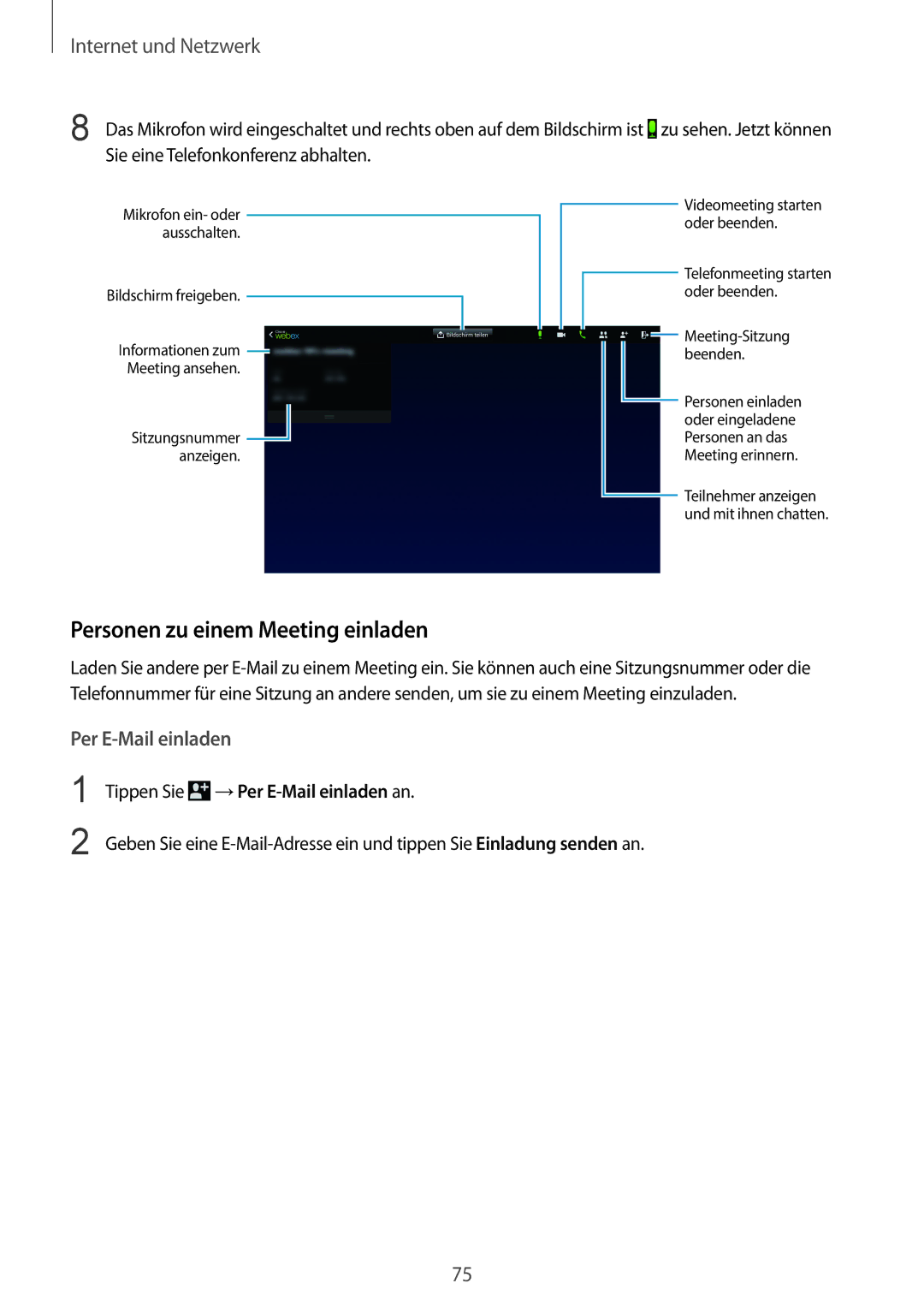 Samsung SM-P9000ZKYEUR, SM-P9000ZWAATO manual Personen zu einem Meeting einladen, Tippen Sie →Per E-Mail einladen an 