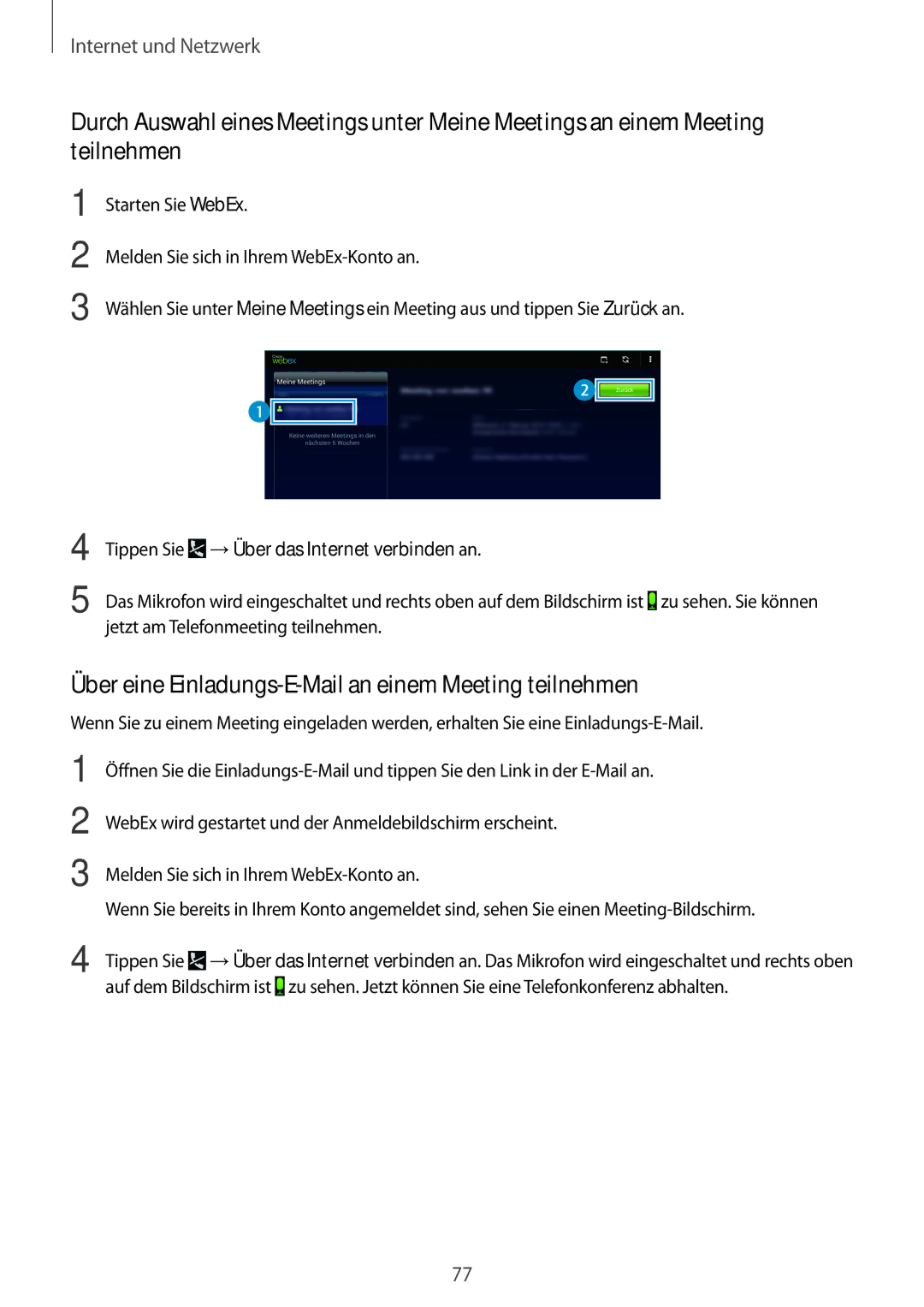 Samsung SM-P9000ZWAXEF, SM-P9000ZWAATO, SM-P9000ZKAXEO manual Über eine Einladungs-E-Mail an einem Meeting teilnehmen 