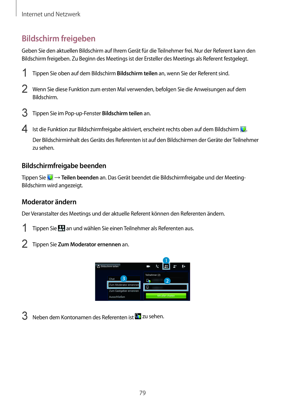 Samsung SM-P9000ZKAXEO, SM-P9000ZWAATO, SM-P9000ZKASEB Bildschirm freigeben, Bildschirmfreigabe beenden, Moderator ändern 