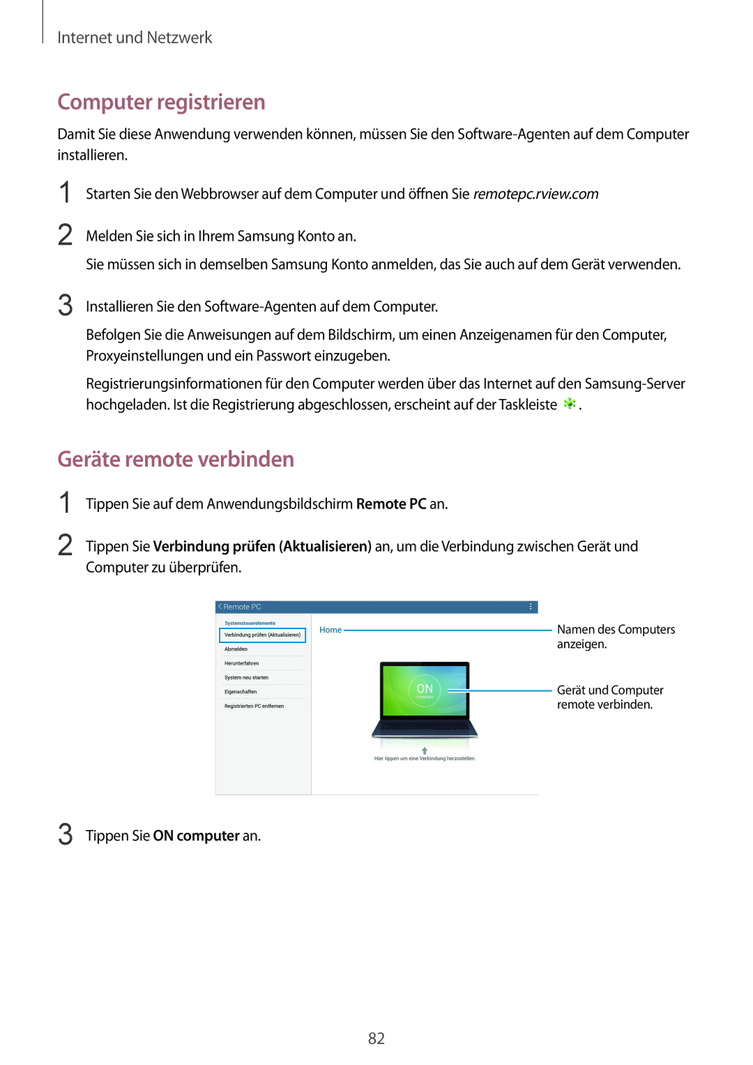 Samsung SM-P9000ZKADBT, SM-P9000ZWAATO, SM-P9000ZKAXEO, SM-P9000ZKASEB manual Computer registrieren, Geräte remote verbinden 
