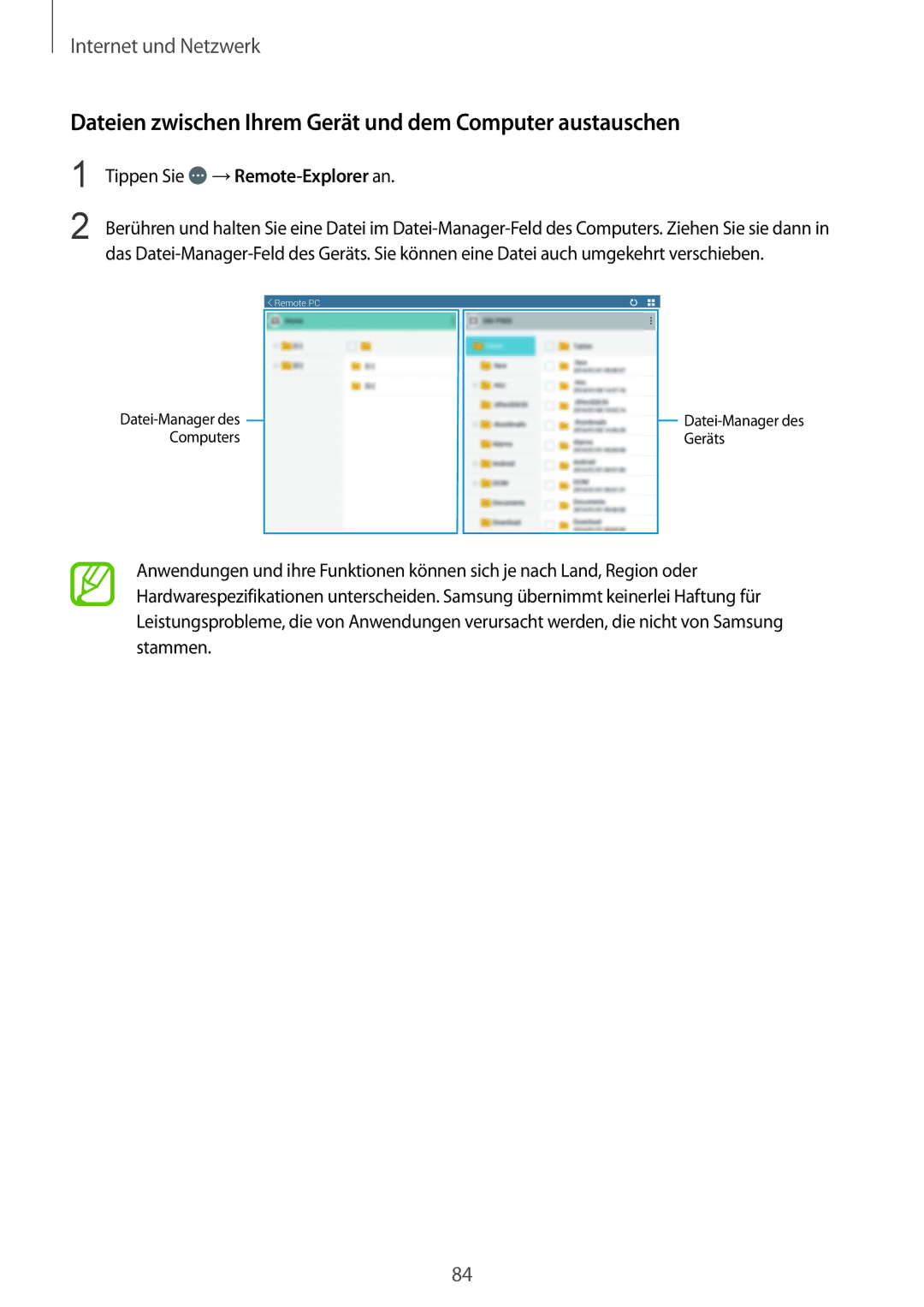 Samsung SM-P9000ZKATUR manual Dateien zwischen Ihrem Gerät und dem Computer austauschen, Tippen Sie →Remote-Explorer an 