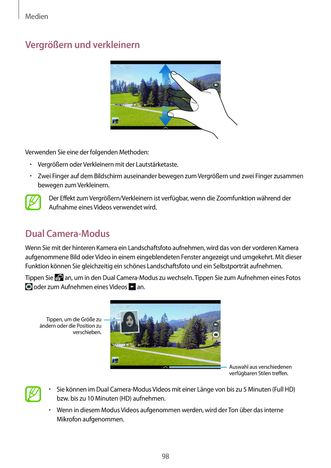Samsung SM-P9000ZWATPH, SM-P9000ZWAATO, SM-P9000ZKAXEO, SM-P9000ZKASEB manual Vergrößern und verkleinern, Dual Camera-Modus 