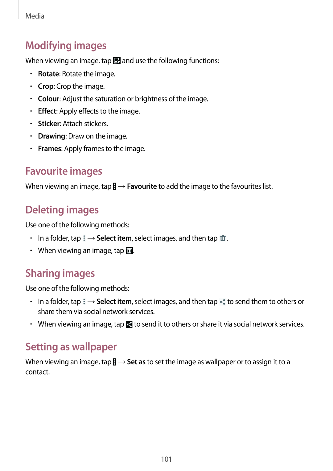 Samsung SM-P9000ZKASER Modifying images, Favourite images, Deleting images, Sharing images, Setting as wallpaper, Media 