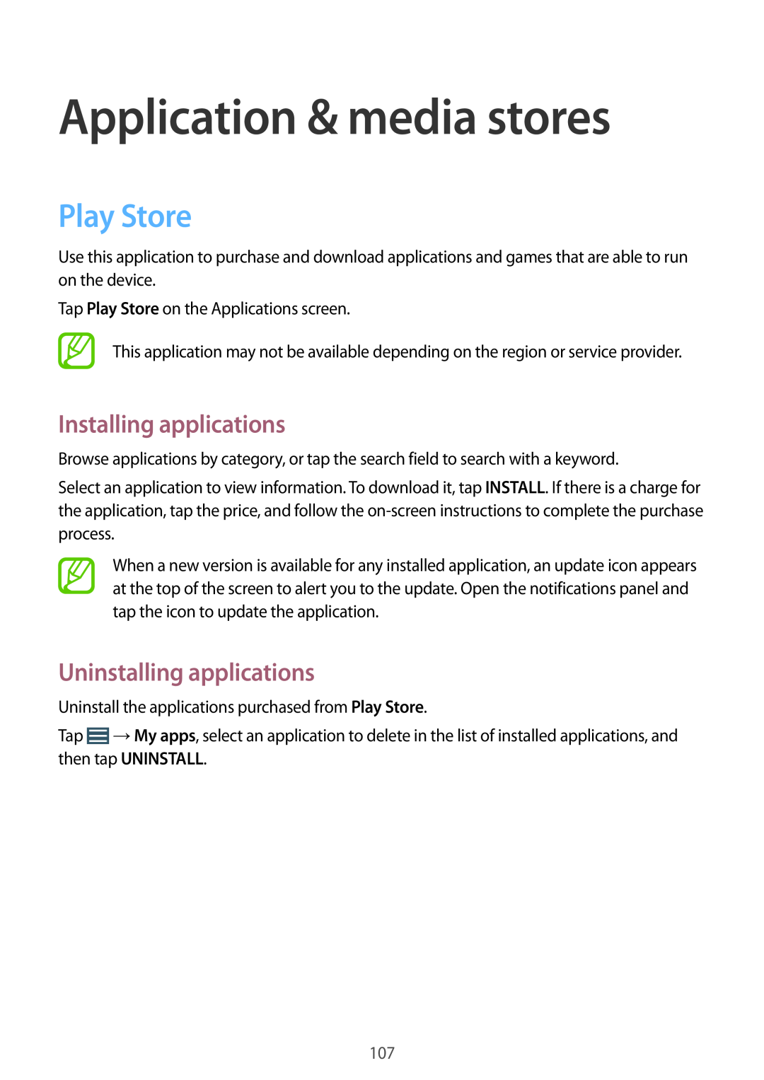 Samsung SM-P9000ZWADBT manual Application & media stores, Play Store, Installing applications, Uninstalling applications 