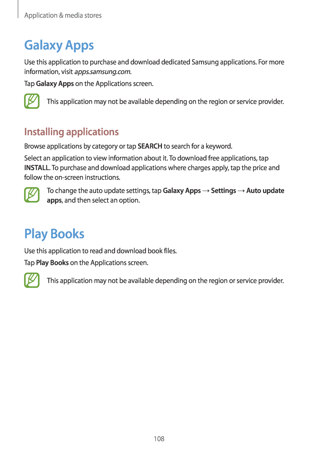 Samsung SM-P9000ZKATUR, SM-P9000ZWAATO manual Galaxy Apps, Play Books, Application & media stores, Installing applications 