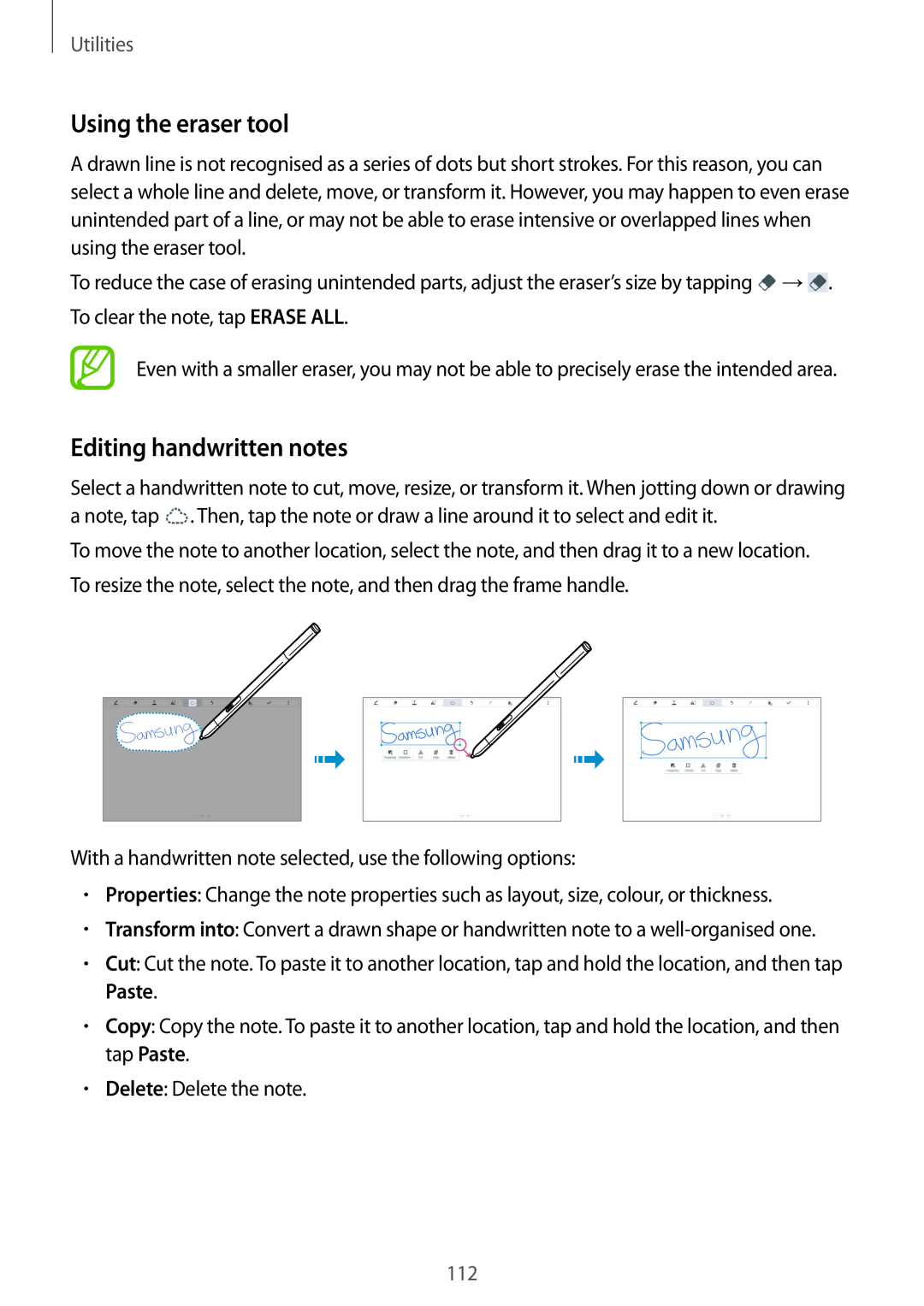 Samsung SM-P9000ZKYEUR, SM-P9000ZWAATO, SM-P9000ZKAXEO manual Using the eraser tool, Editing handwritten notes, Utilities 