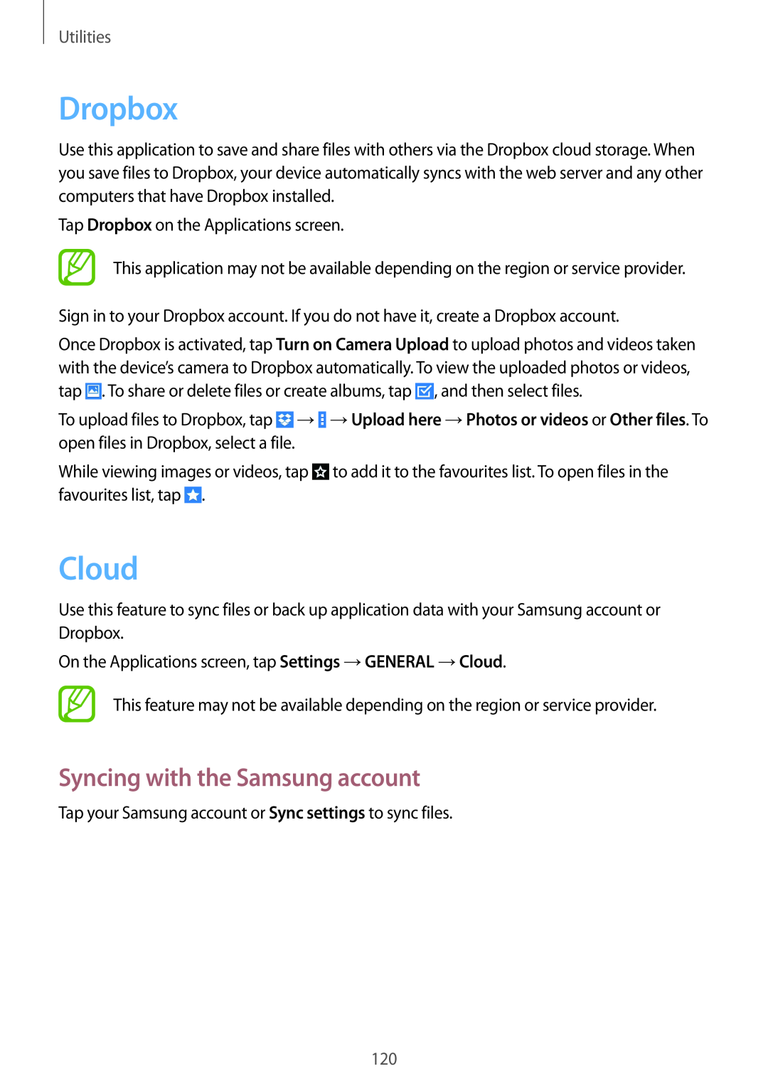 Samsung SM-P9000ZWAXEZ, SM-P9000ZWAATO, SM-P9000ZKAXEO manual Dropbox, Cloud, Syncing with the Samsung account, Utilities 