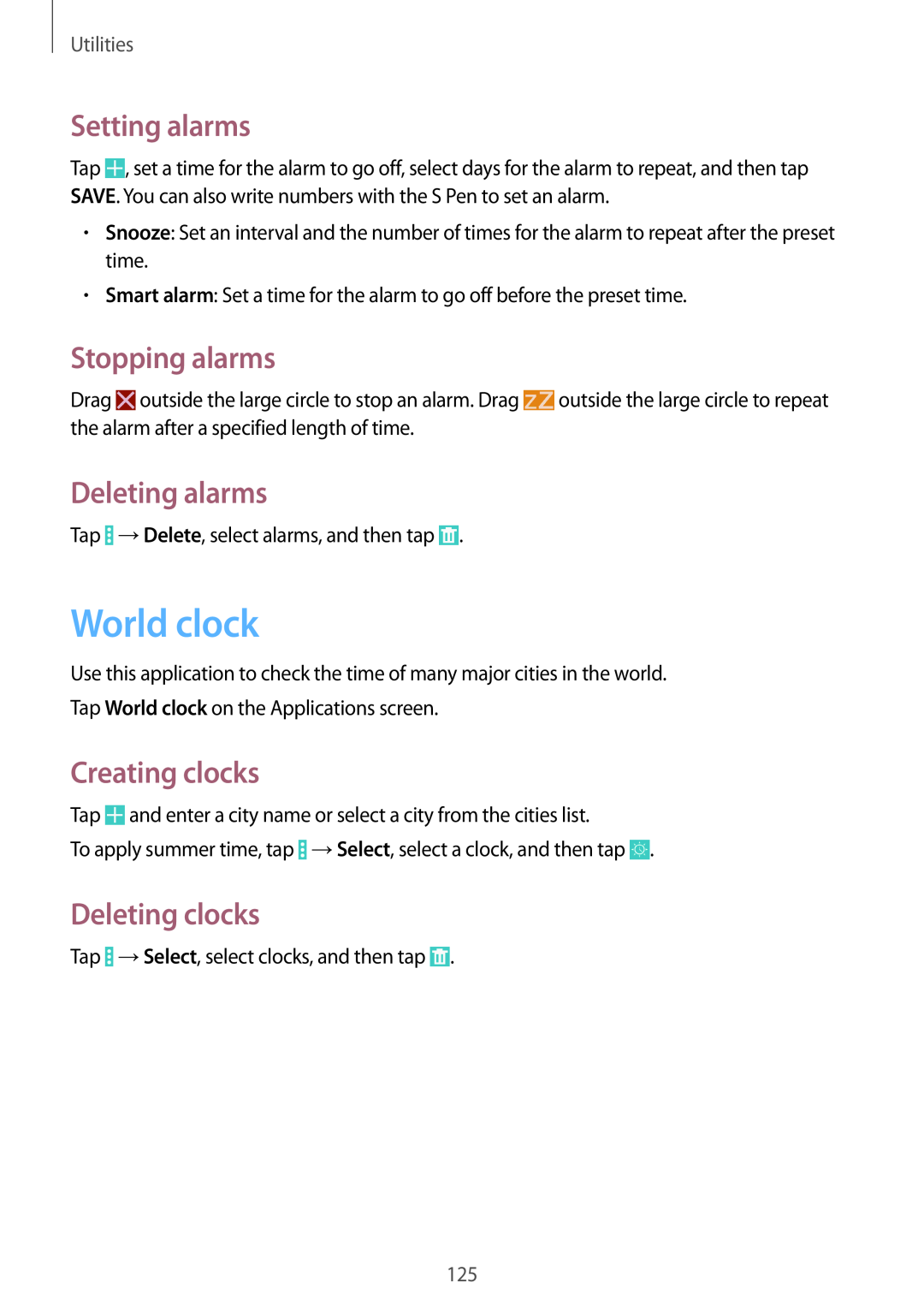 Samsung SM-P9000ZKAXEZ World clock, Setting alarms, Stopping alarms, Deleting alarms, Creating clocks, Deleting clocks 