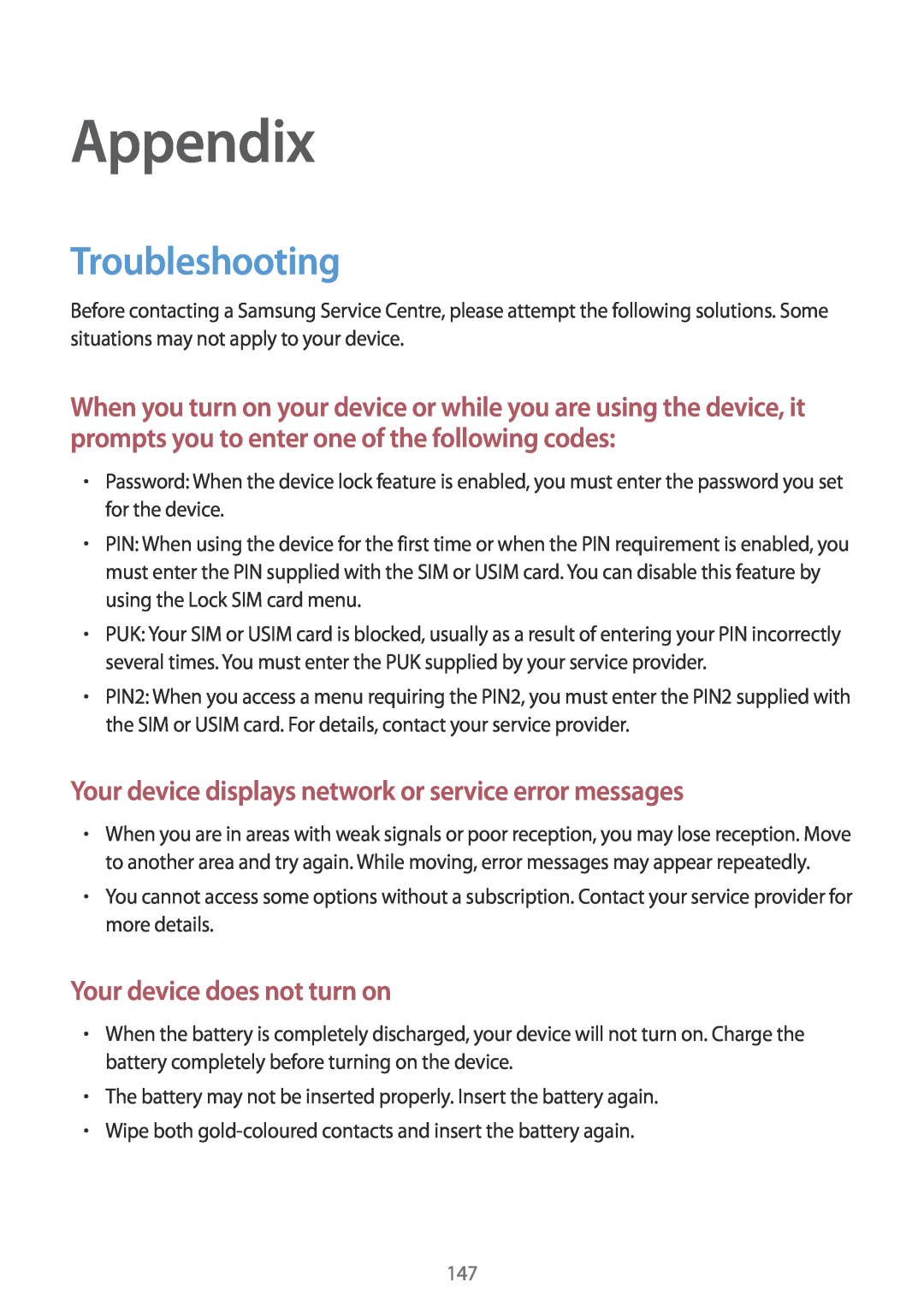 Samsung SM-P9000ZKATPH, SM-P9000ZWAATO Appendix, Troubleshooting, Your device displays network or service error messages 