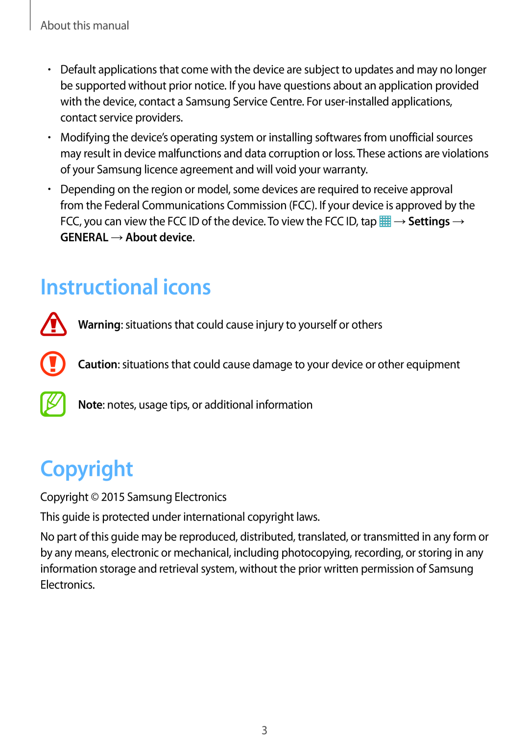 Samsung SM-P9000ZKAATO, SM-P9000ZWAATO, SM-P9000ZKAXEO, SM-P9000ZKASEB Instructional icons, Copyright, About this manual 