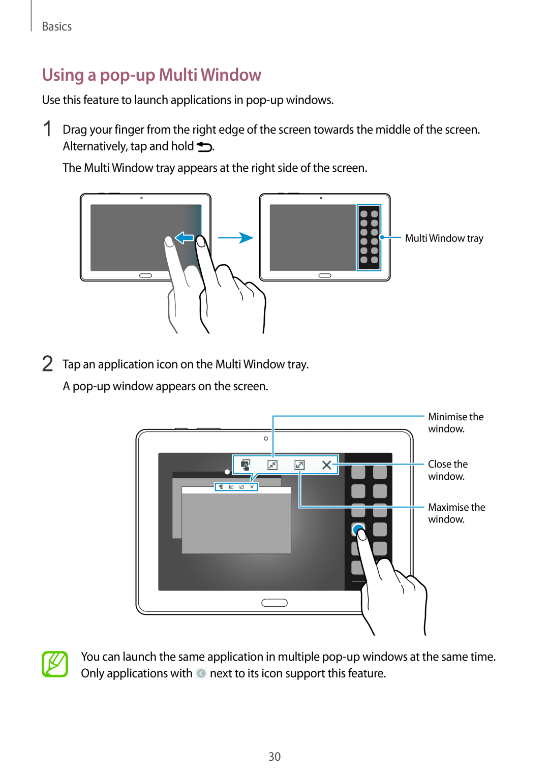 Samsung SM-P9000ZWAEUR, SM-P9000ZWAATO manual Using a pop-up Multi Window, Basics, Minimise the window, Maximise the window 