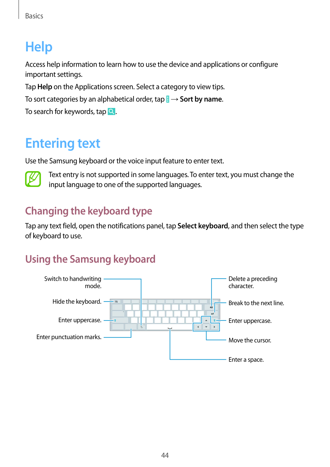 Samsung SM-P9000ZKYEUR, SM-P9000ZWAATO Help, Entering text, Changing the keyboard type, Using the Samsung keyboard, Basics 