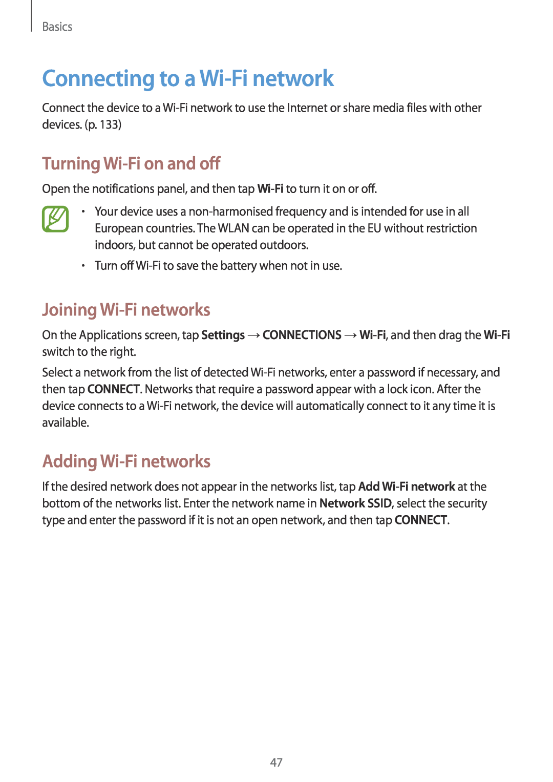 Samsung SM-P9000ZWAXEF manual Connecting to a Wi-Fi network, Turning Wi-Fi on and off, Joining Wi-Fi networks, Basics 