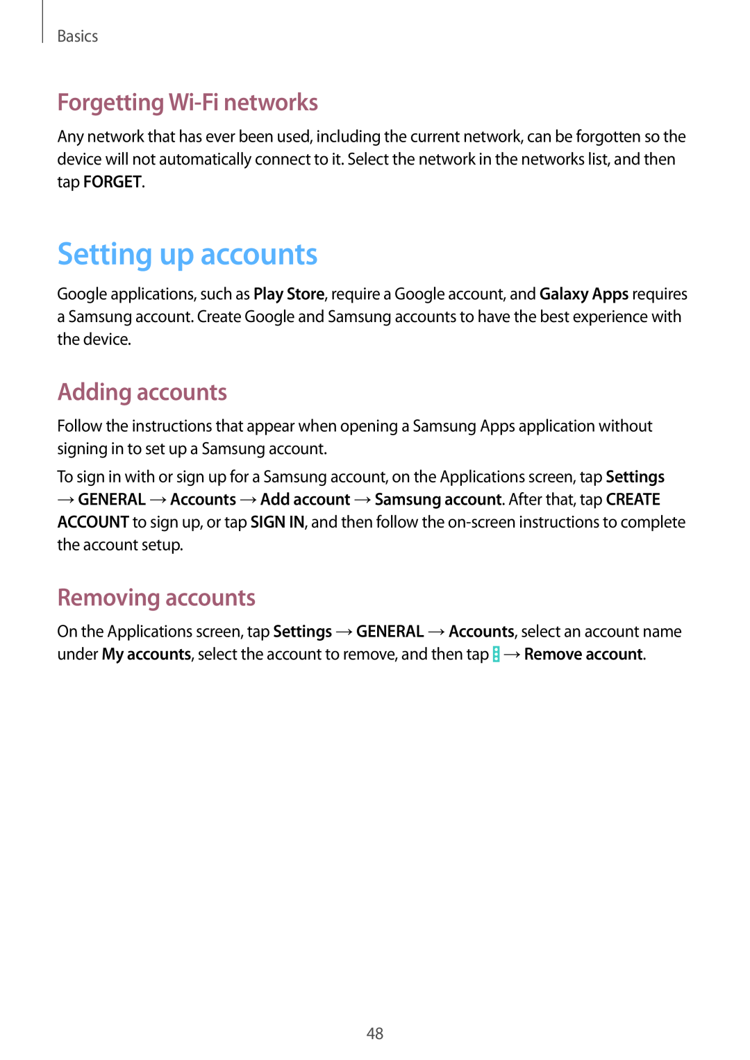 Samsung SM-P9000ZKAPHE manual Setting up accounts, Forgetting Wi-Fi networks, Adding accounts, Removing accounts, Basics 