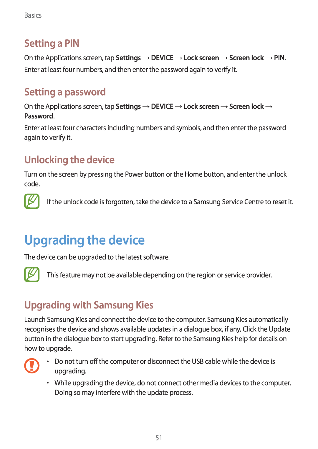 Samsung SM-P9000ZKAXEH manual Upgrading the device, Setting a PIN, Setting a password, Unlocking the device, Basics 