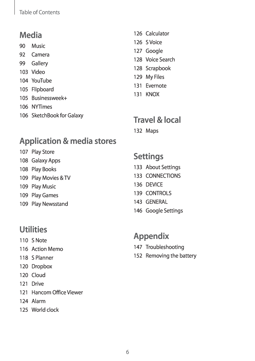 Samsung SM-P9000ZKATUR Media, Utilities, Travel & local, Settings, Appendix, Table of Contents, Application & media stores 