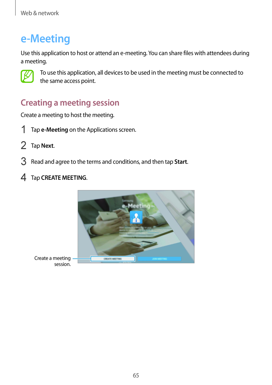 Samsung SM-P9000ZKAEUR, SM-P9000ZWAATO manual e-Meeting, Creating a meeting session, Tap CREATE MEETING, Web & network 