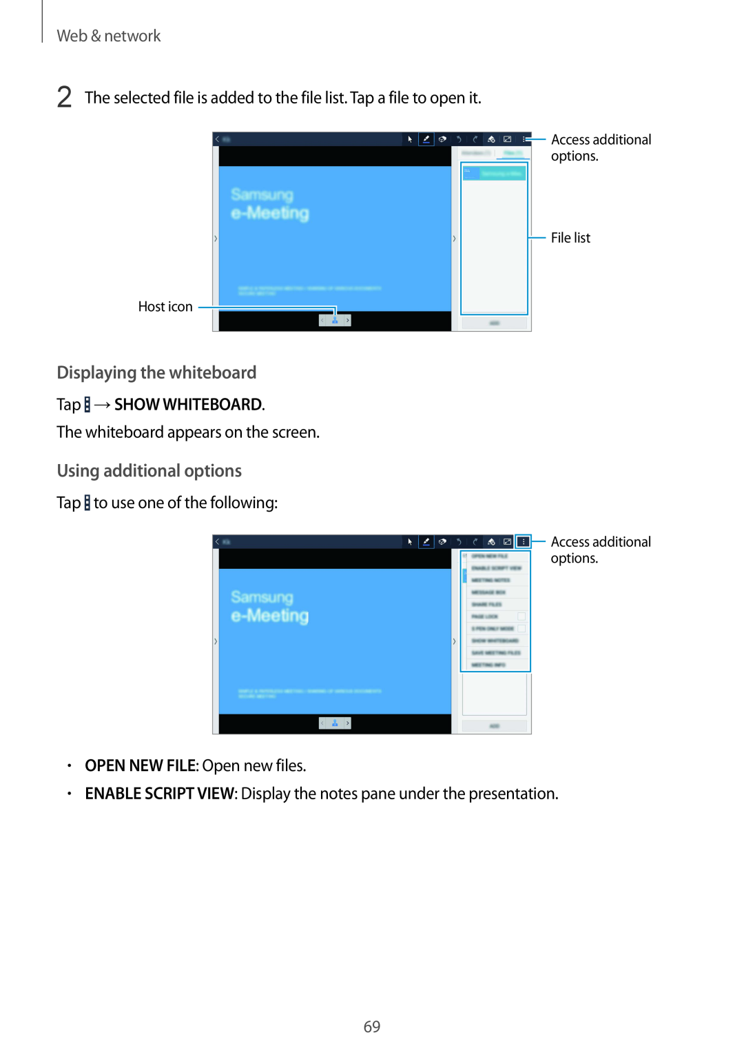 Samsung SM-P9000ZKAXEO manual Displaying the whiteboard, Using additional options, Tap →SHOW WHITEBOARD, Web & network 