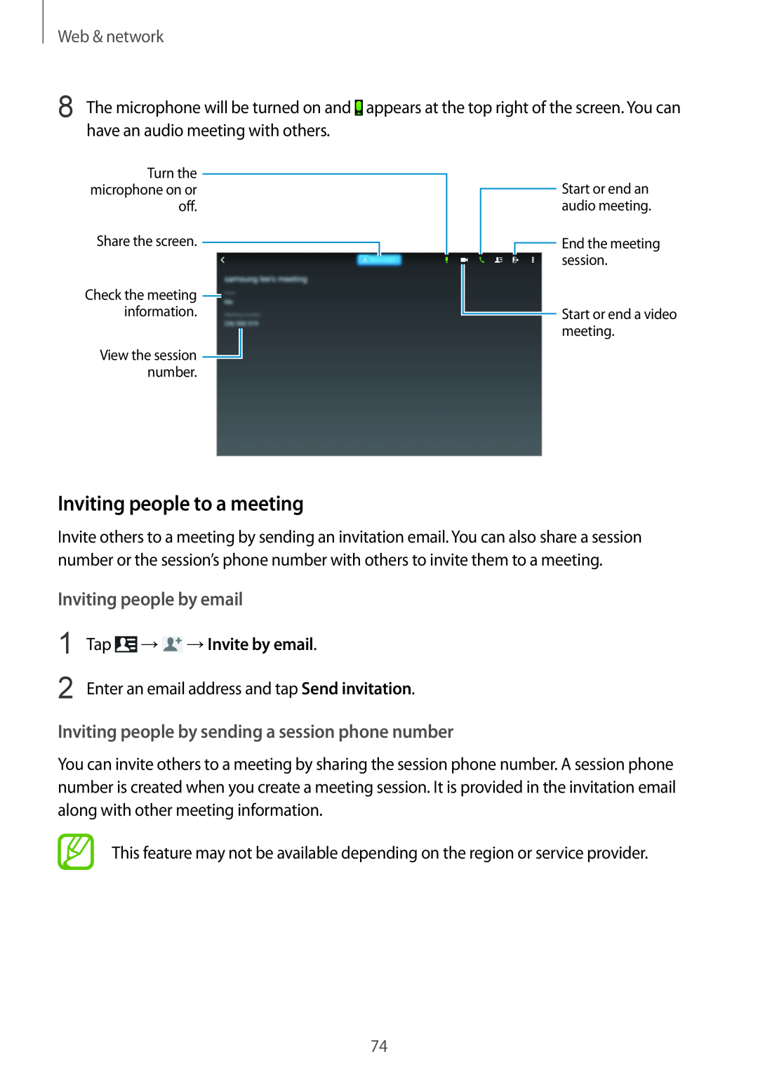 Samsung SM-P9000ZKATUR manual Inviting people to a meeting, Inviting people by email, →Invite by email, Web & network 