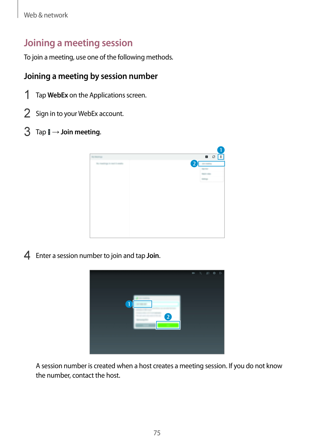Samsung SM-P9000ZWATPH Joining a meeting session, Joining a meeting by session number, Tap →Join meeting, Web & network 