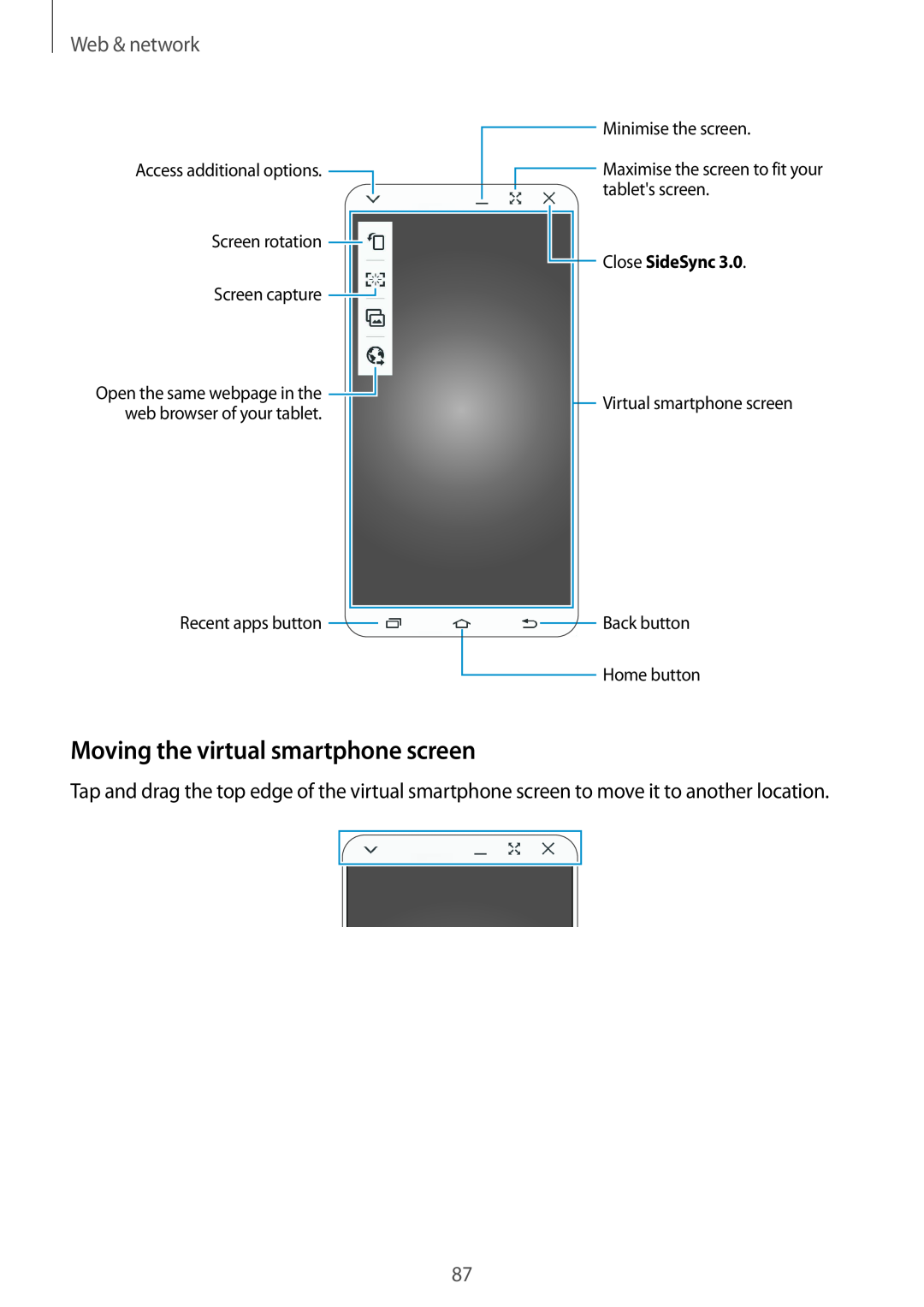 Samsung SM-P9000ZWYEUR manual Moving the virtual smartphone screen, Web & network, Recent apps button, Close SideSync 