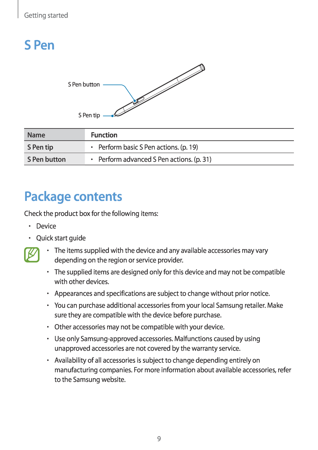 Samsung SM-P9000ZWATUR manual Package contents, Name, S Pen tip, Perform basic S Pen actions. p, S Pen button, Function 